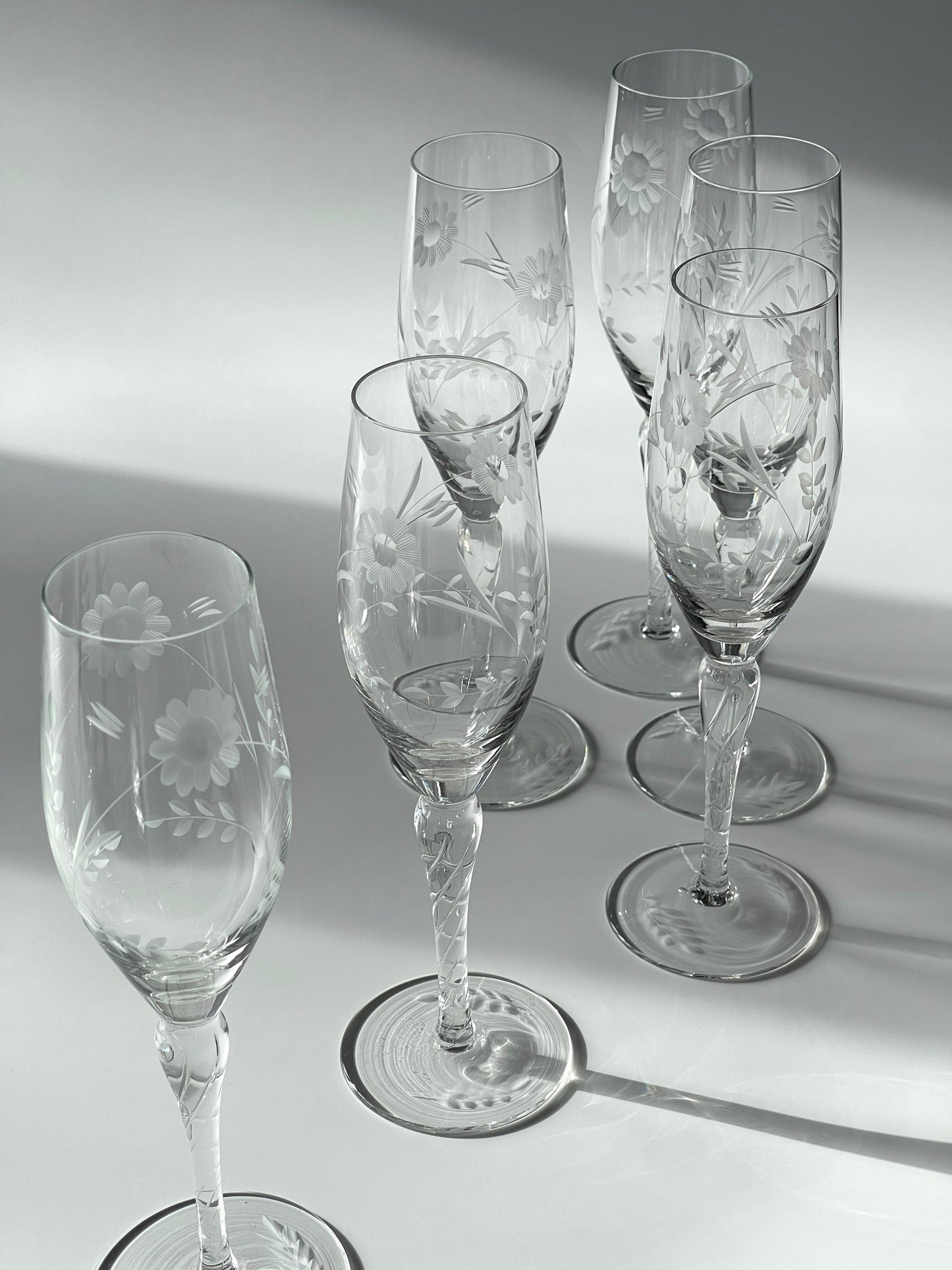 Vintage Hand Blown Etched Floral Champagne Flutes