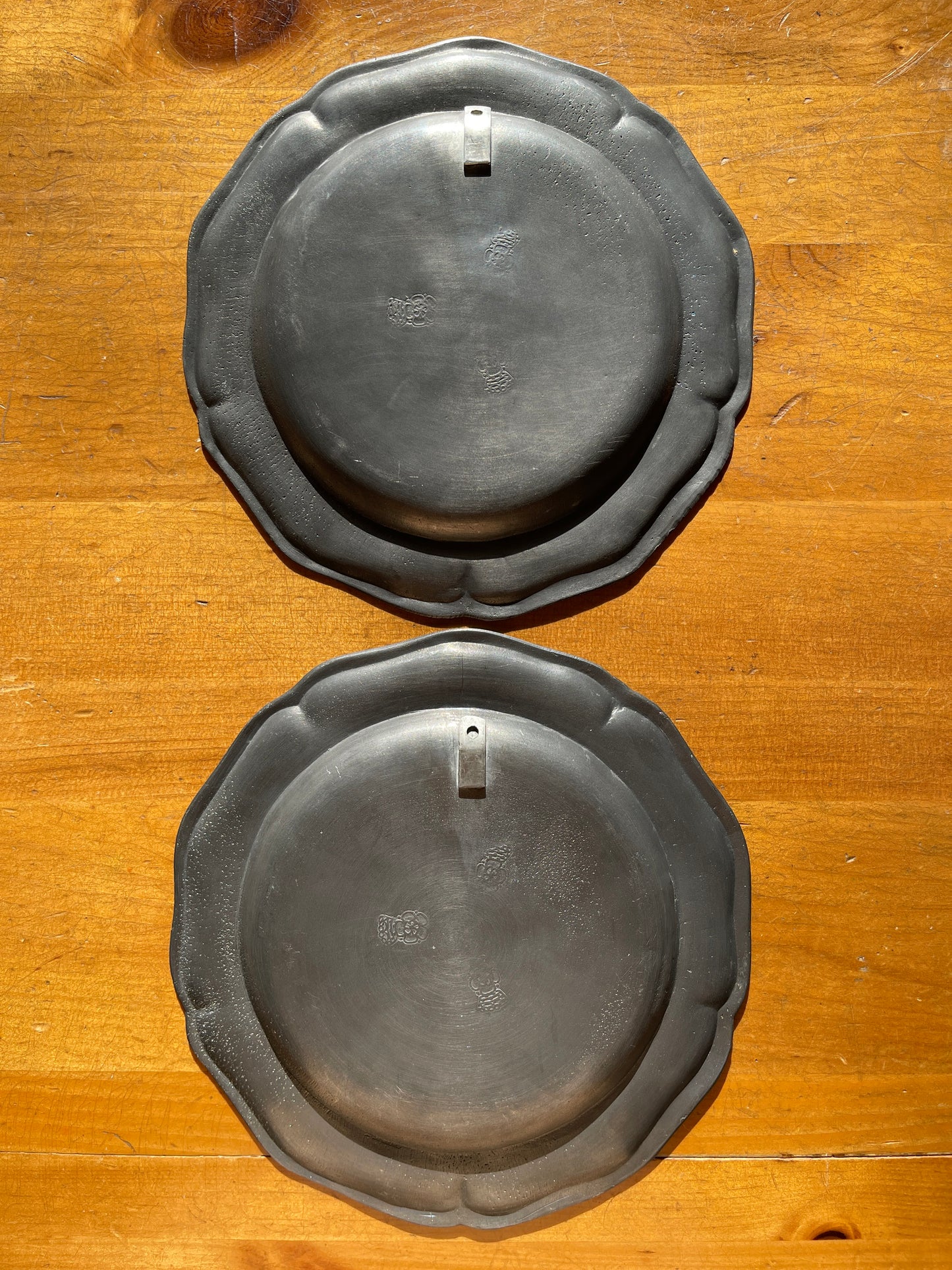 Pair of Antique English Crowned Tudor Rose Pewter Wall Plates