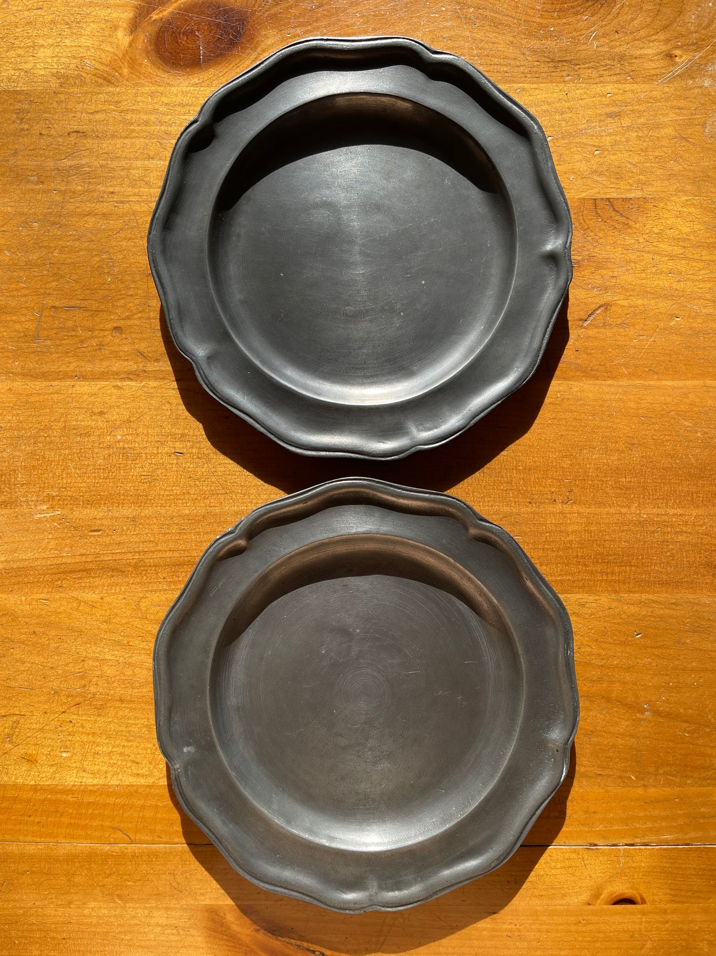 Pair of Antique English Crowned Tudor Rose Pewter Wall Plates