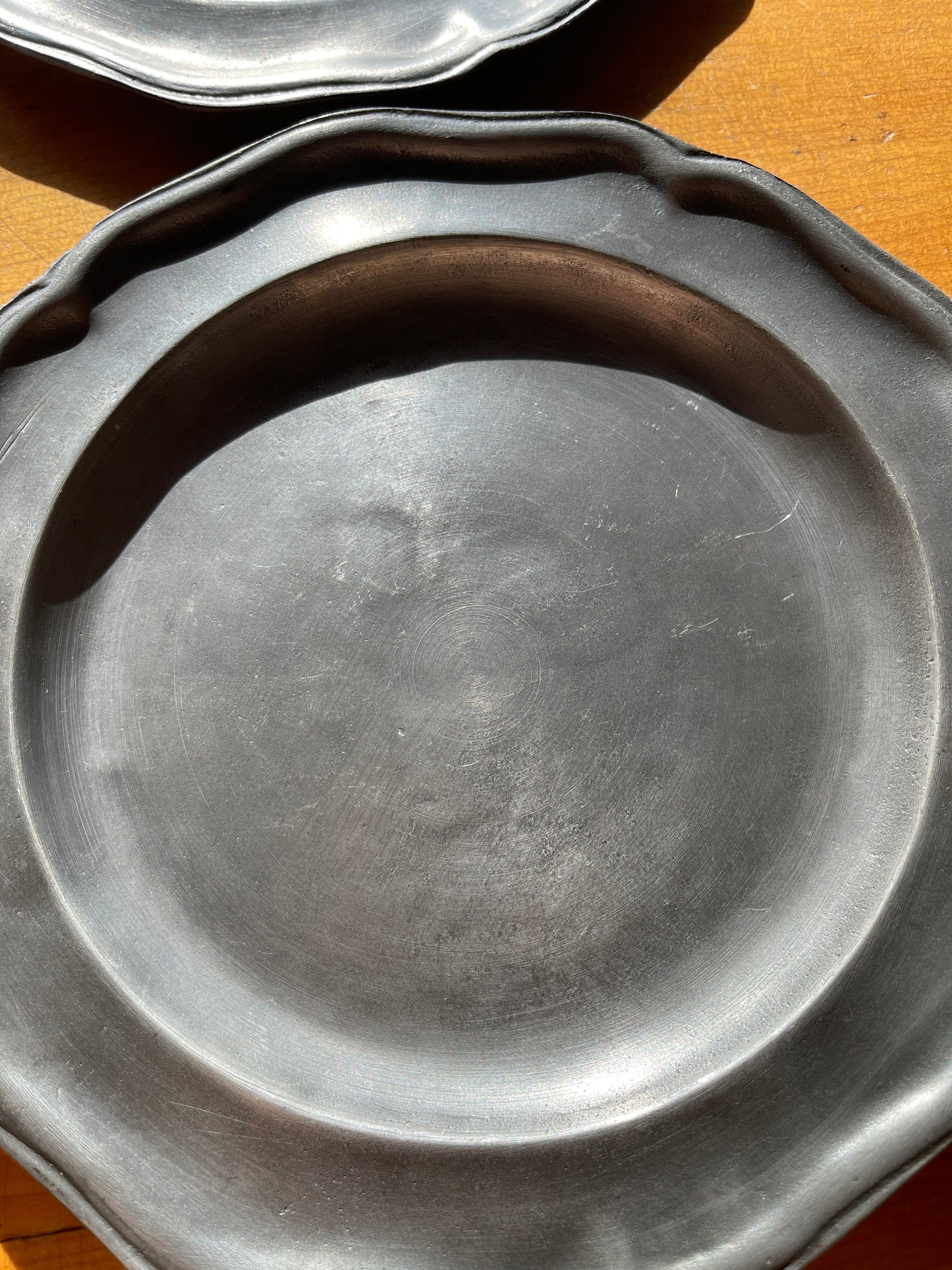 Pair of Antique English Crowned Tudor Rose Pewter Wall Plates