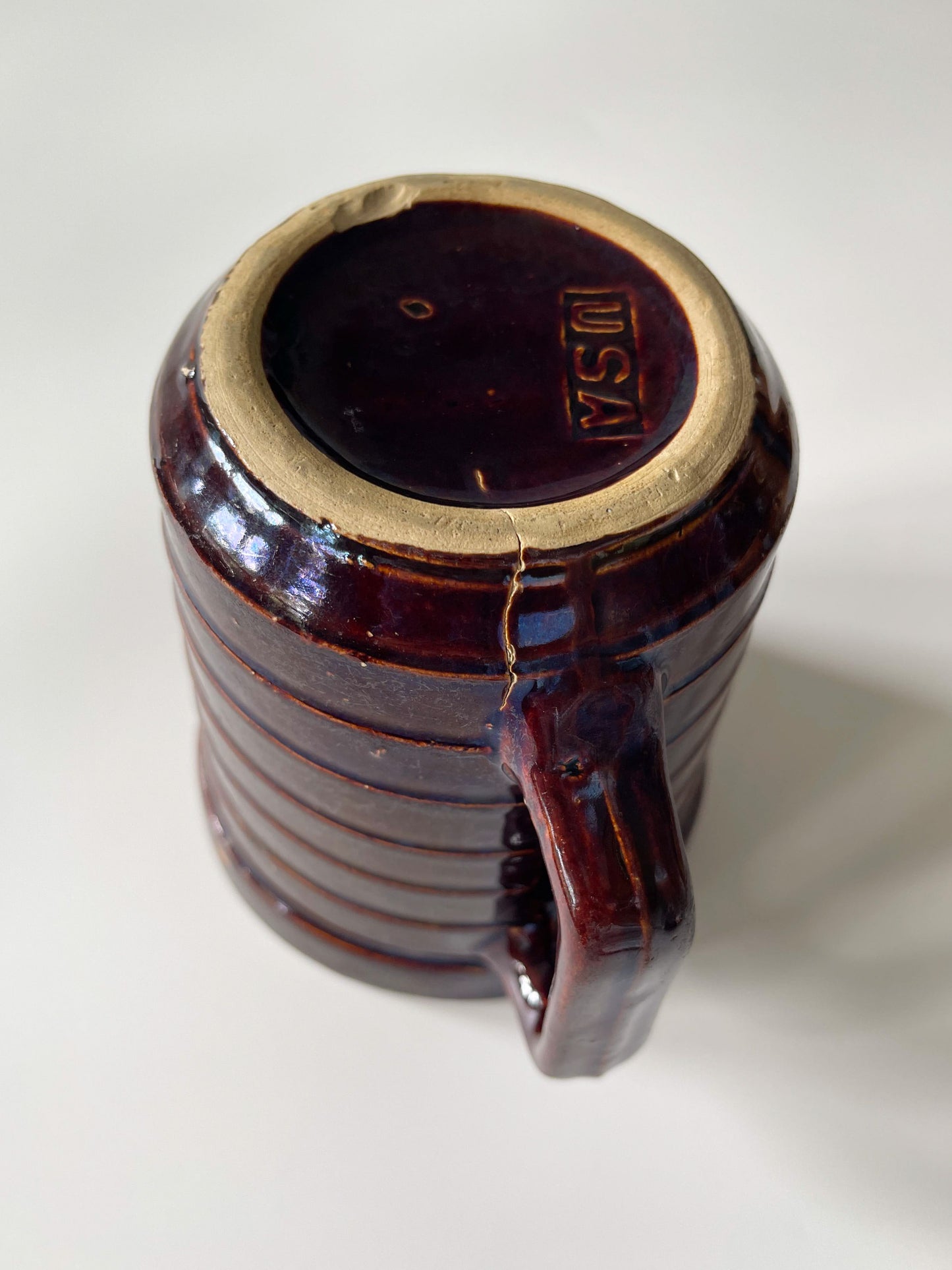 Vintage Monmouth Pottery Dark Brown Glaze Horizontal Ribbed Pitcher