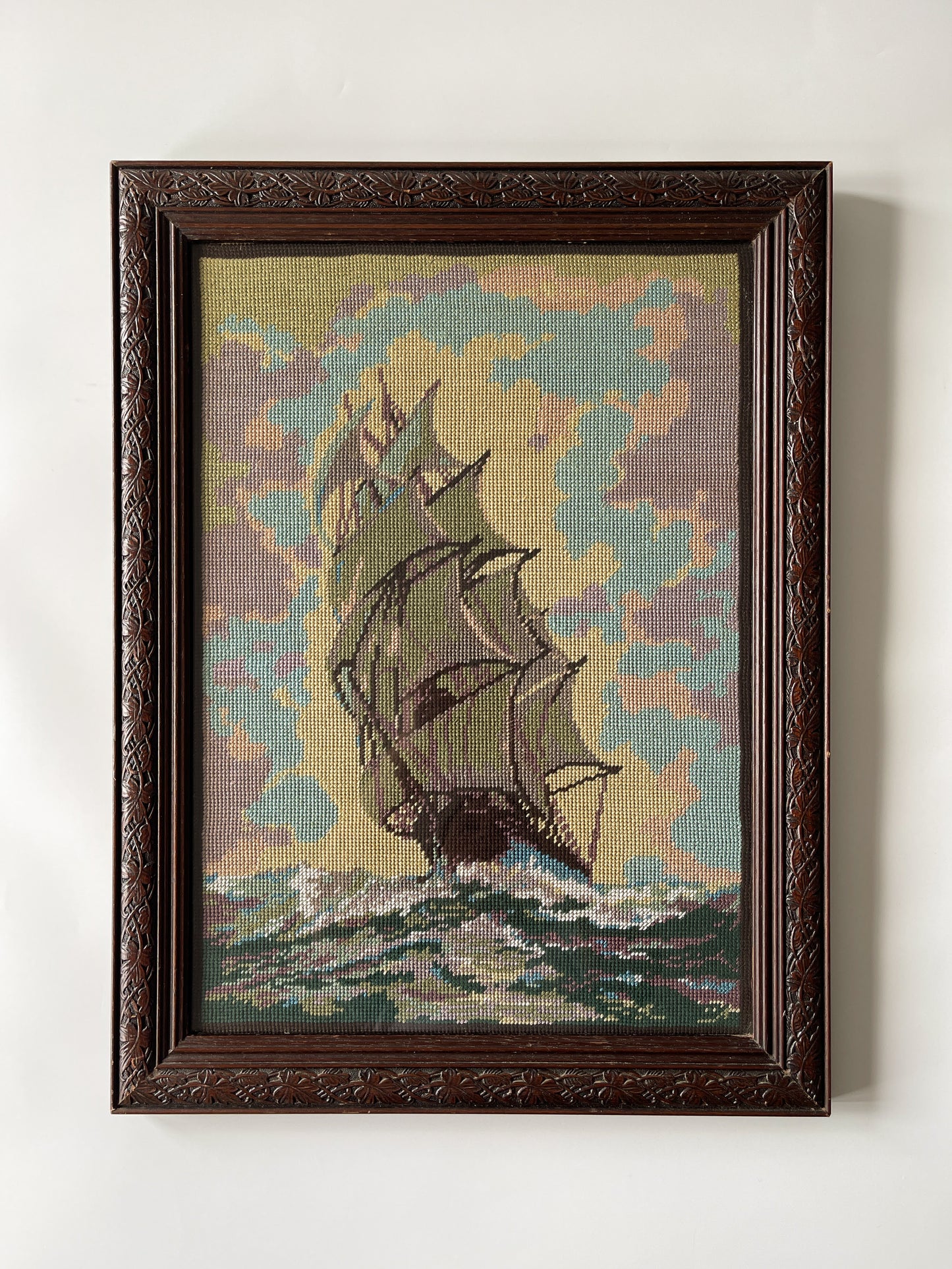 Vintage Nautical Ship Needlepoint in Wood Frame