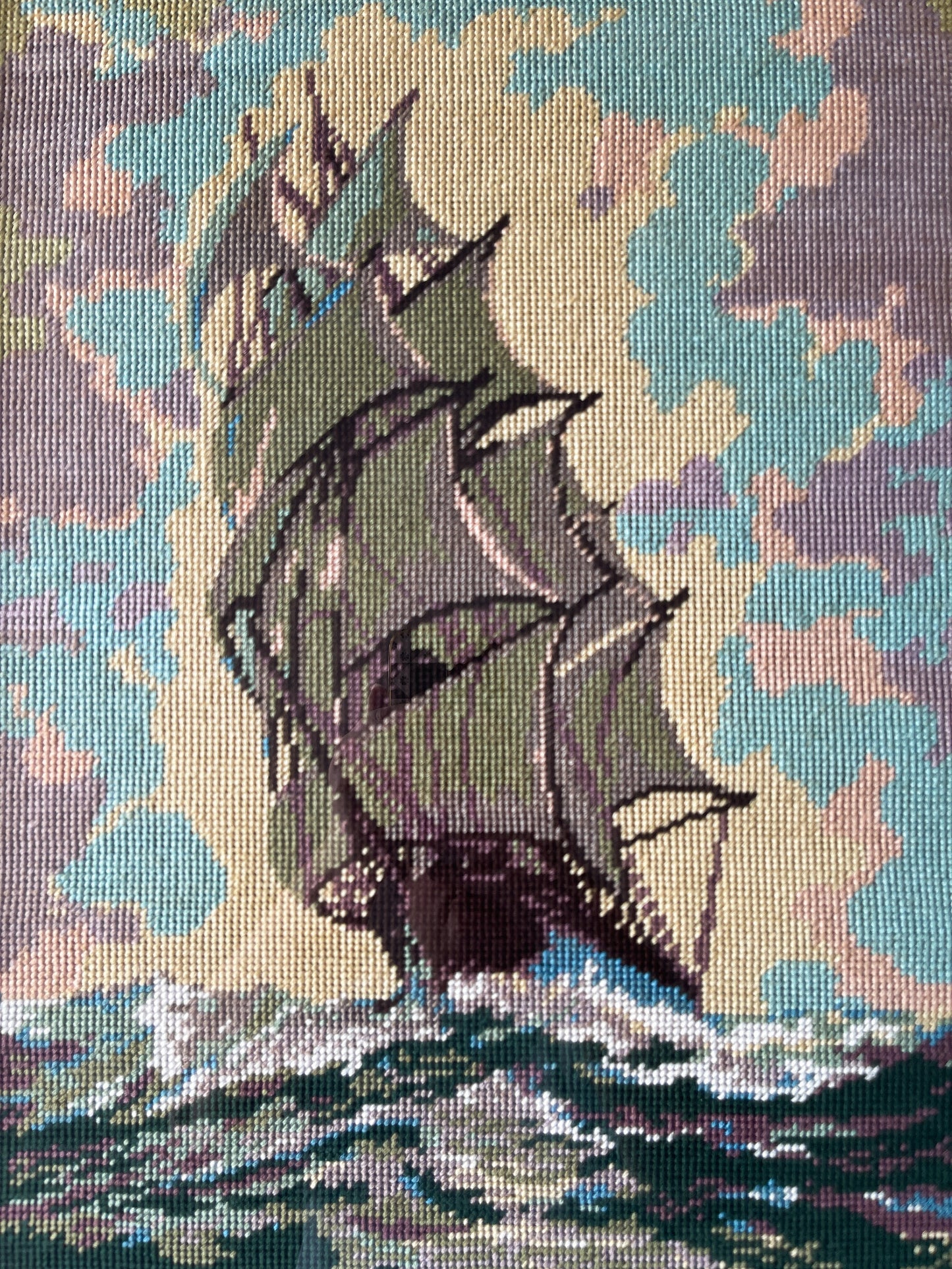 Vintage Nautical Ship Needlepoint in Wood Frame