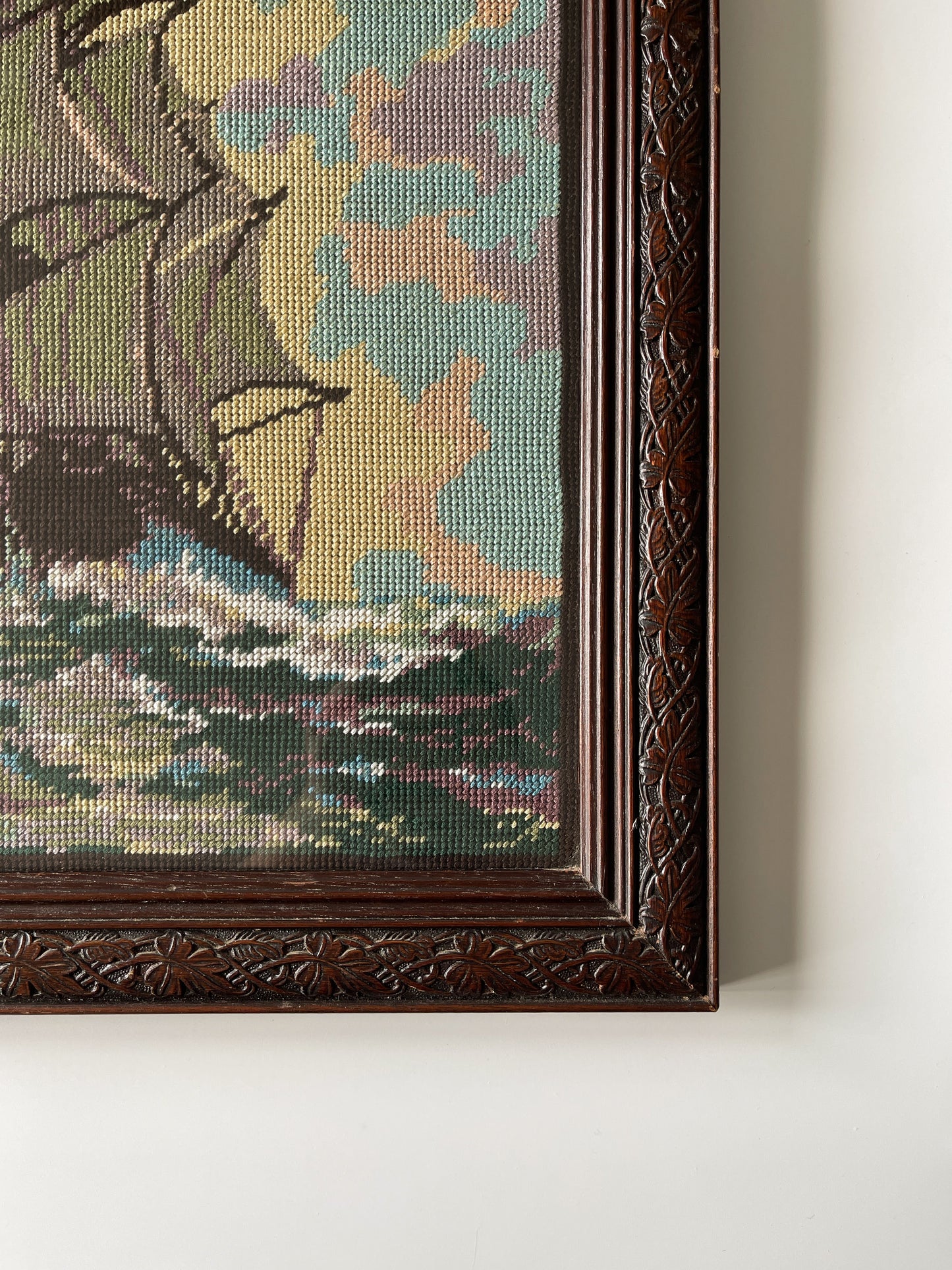 Vintage Nautical Ship Needlepoint in Wood Frame