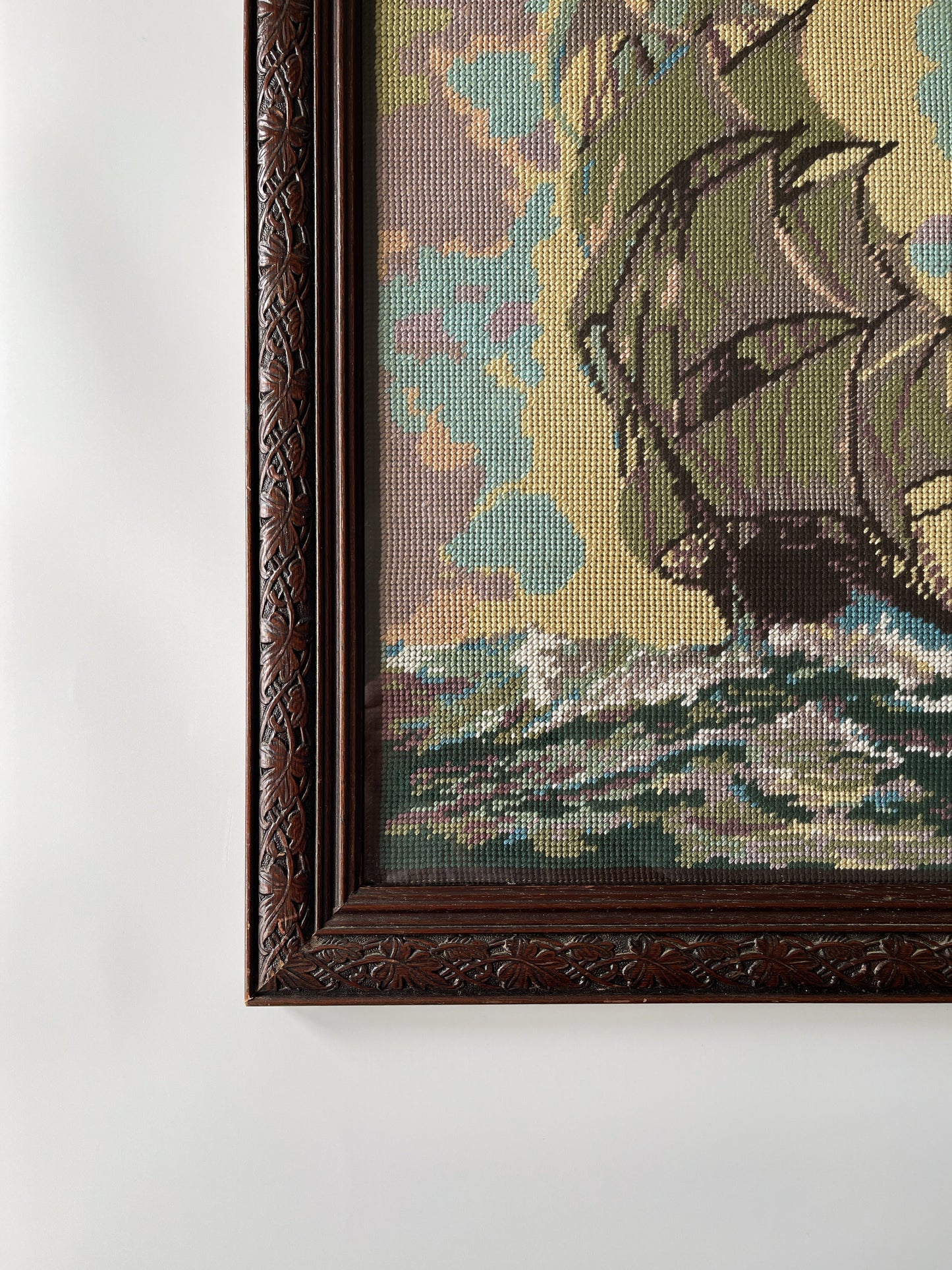 Vintage Nautical Ship Needlepoint in Wood Frame