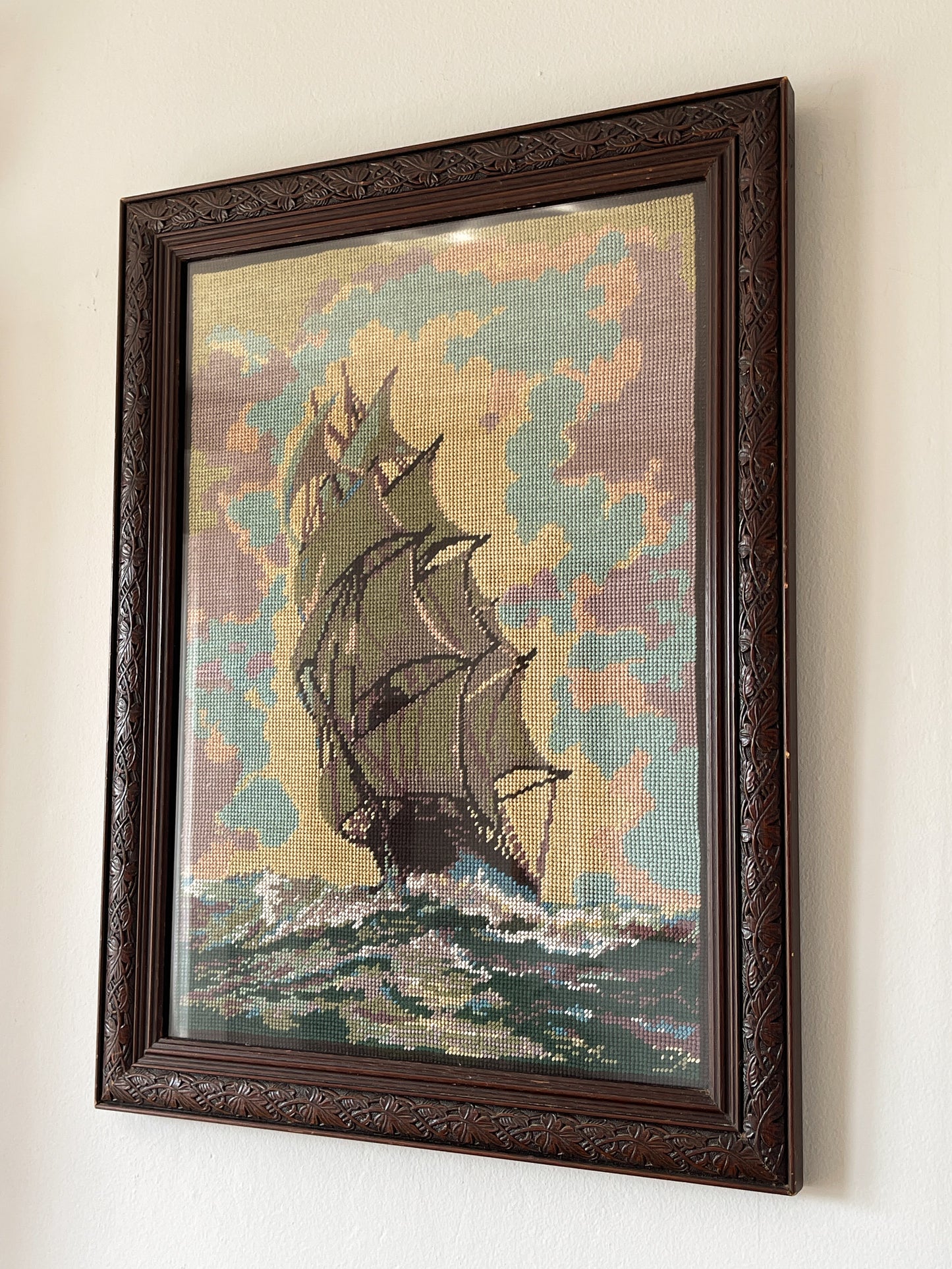 Vintage Nautical Ship Needlepoint in Wood Frame