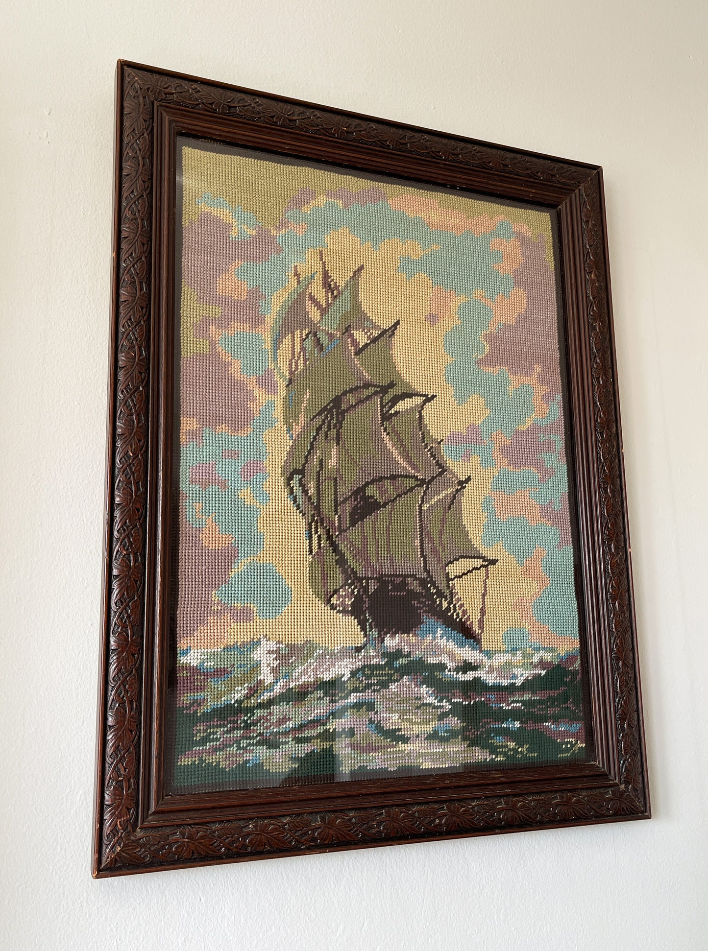 Vintage Nautical Ship Needlepoint in Wood Frame