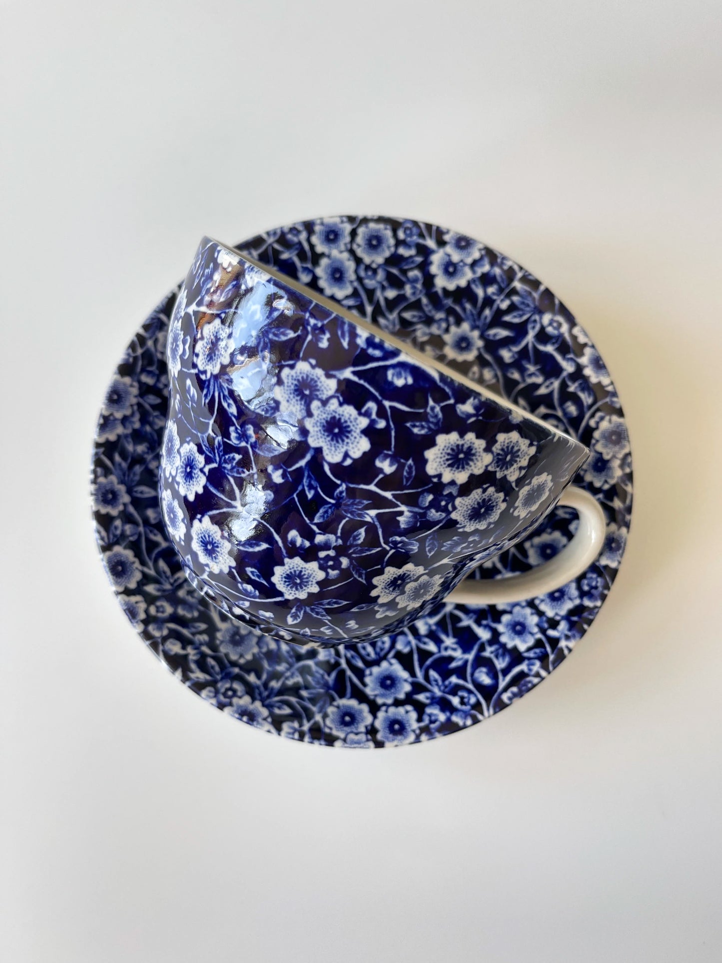 Vintage Burleigh Blue Calico Large Breakfast Cup & Saucer