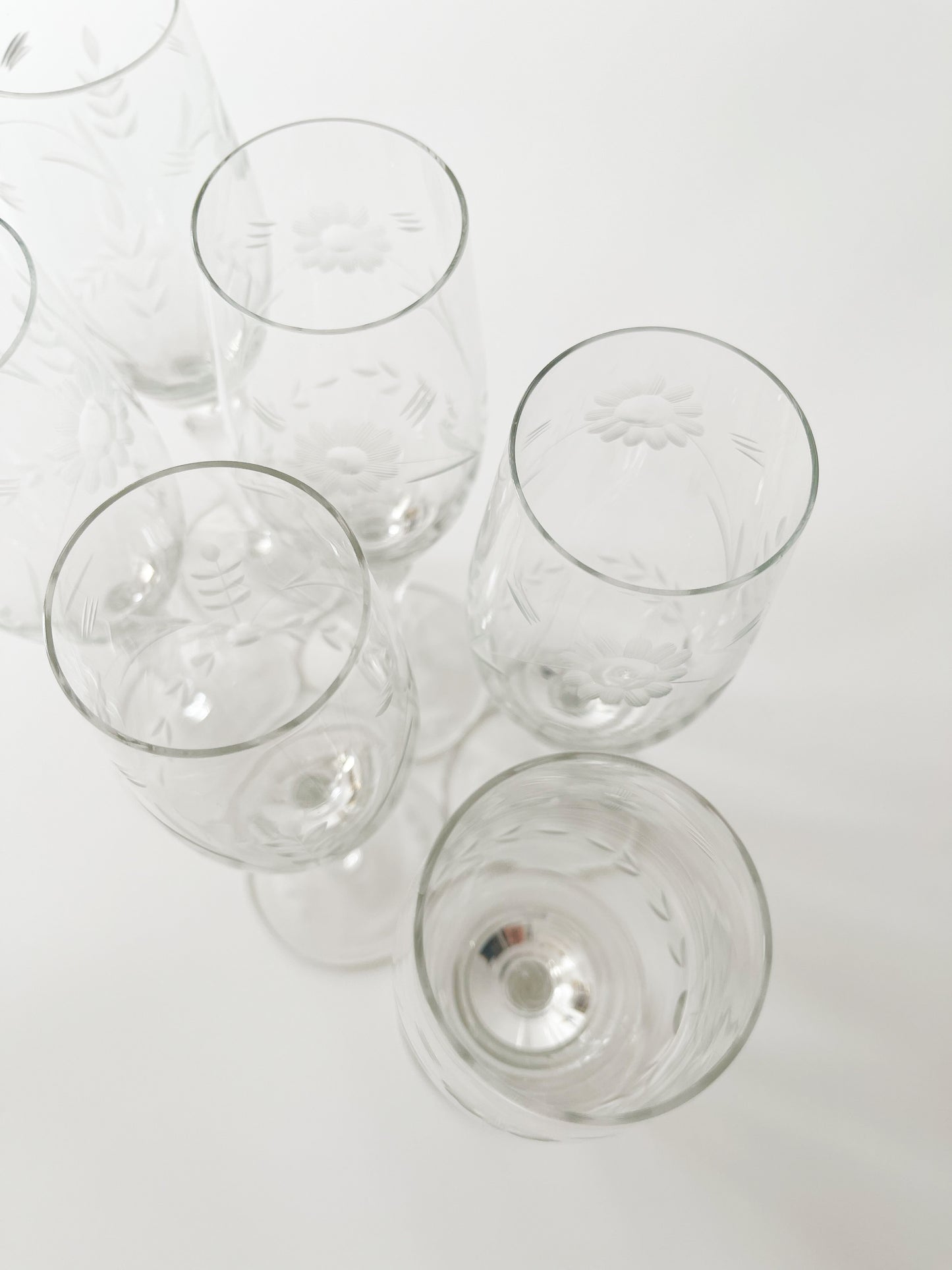 Vintage Hand Blown Etched Floral Champagne Flutes