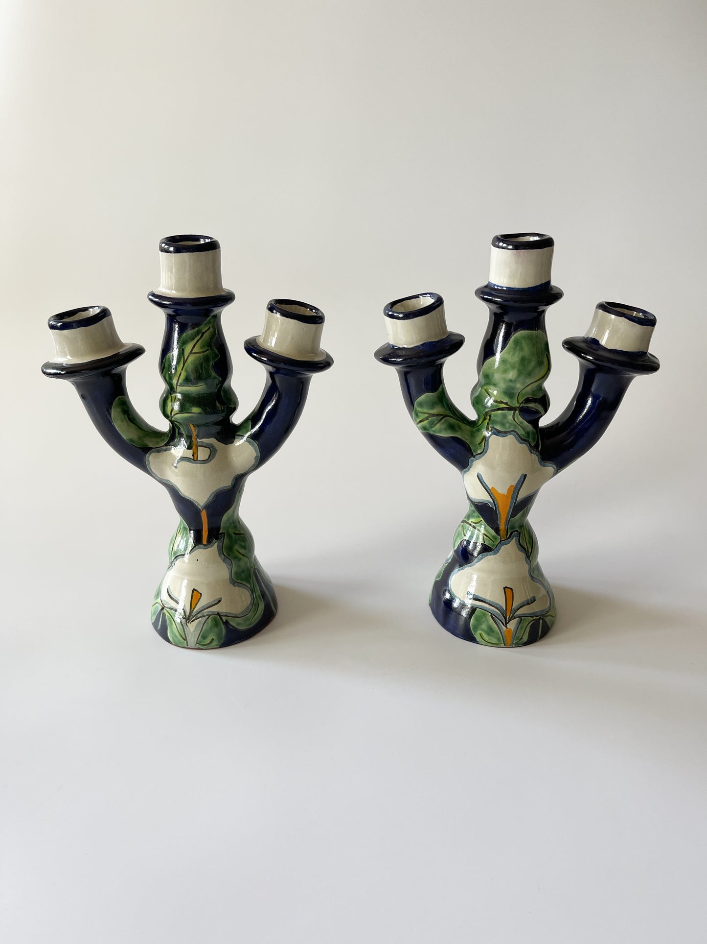 Pair of Vintage Mexican Talavera Pottery Candelabras