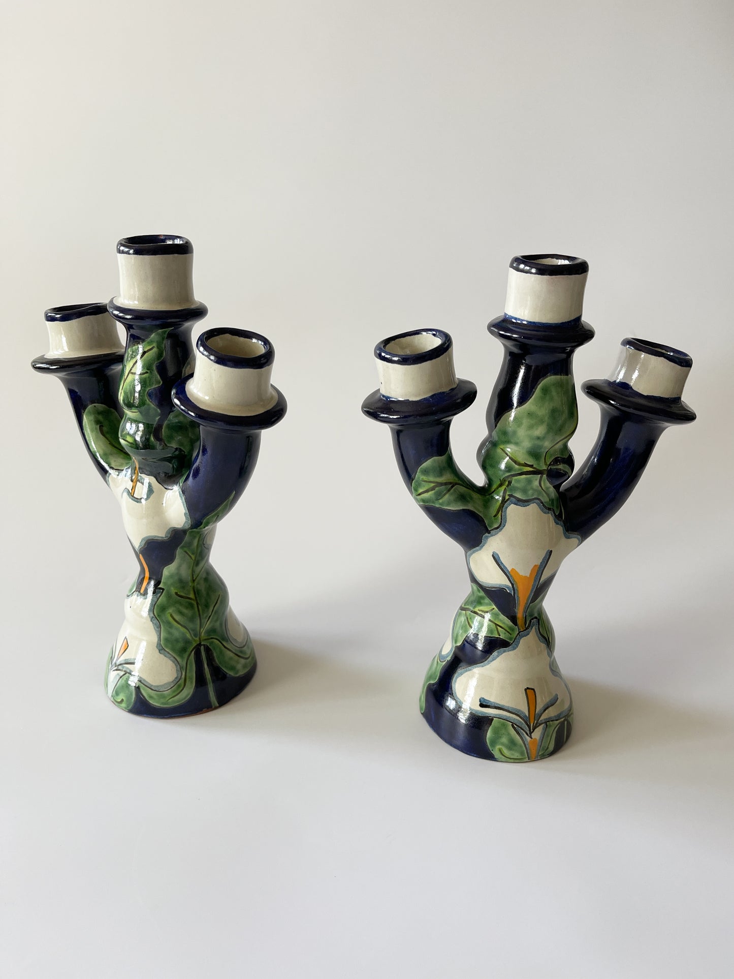 Pair of Vintage Mexican Talavera Pottery Candelabras