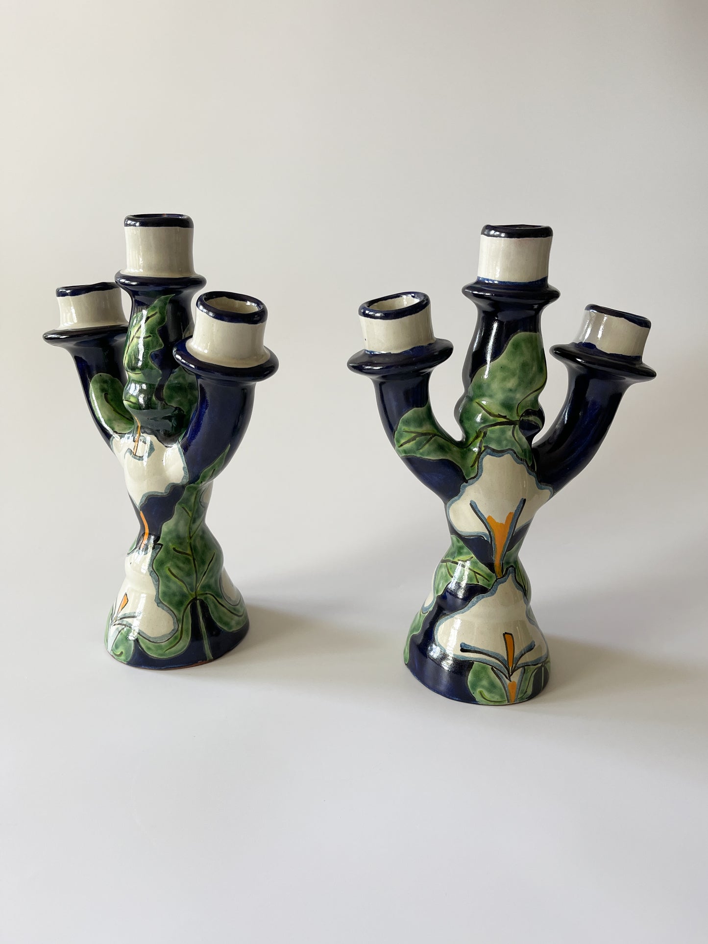 Pair of Vintage Mexican Talavera Pottery Candelabras