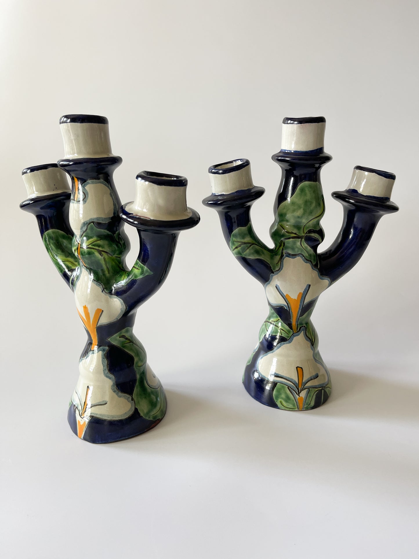 Pair of Vintage Mexican Talavera Pottery Candelabras