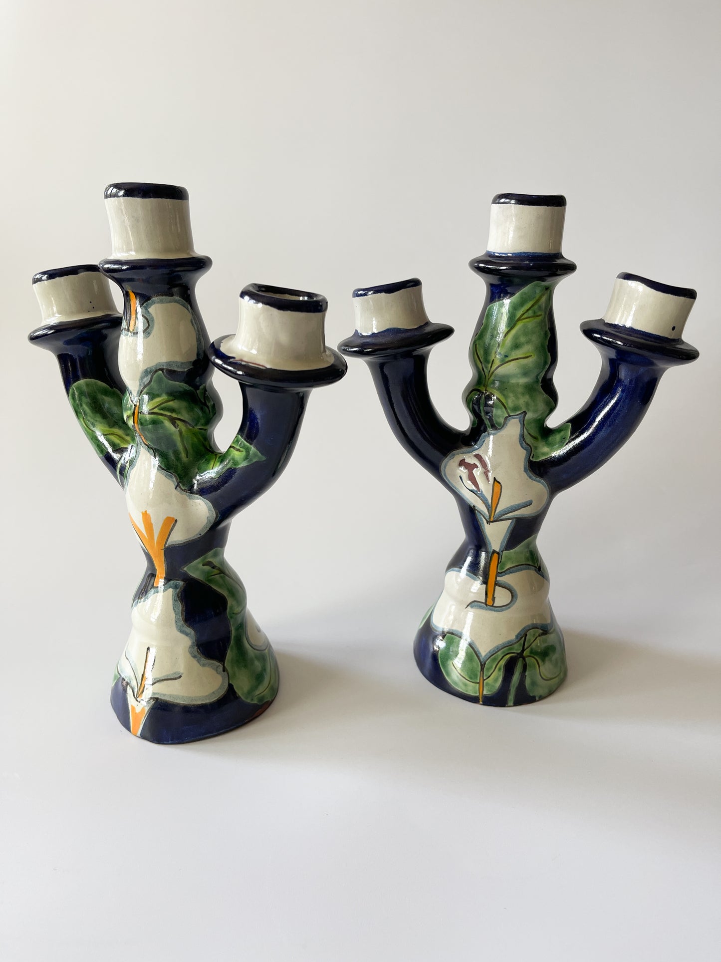 Pair of Vintage Mexican Talavera Pottery Candelabras