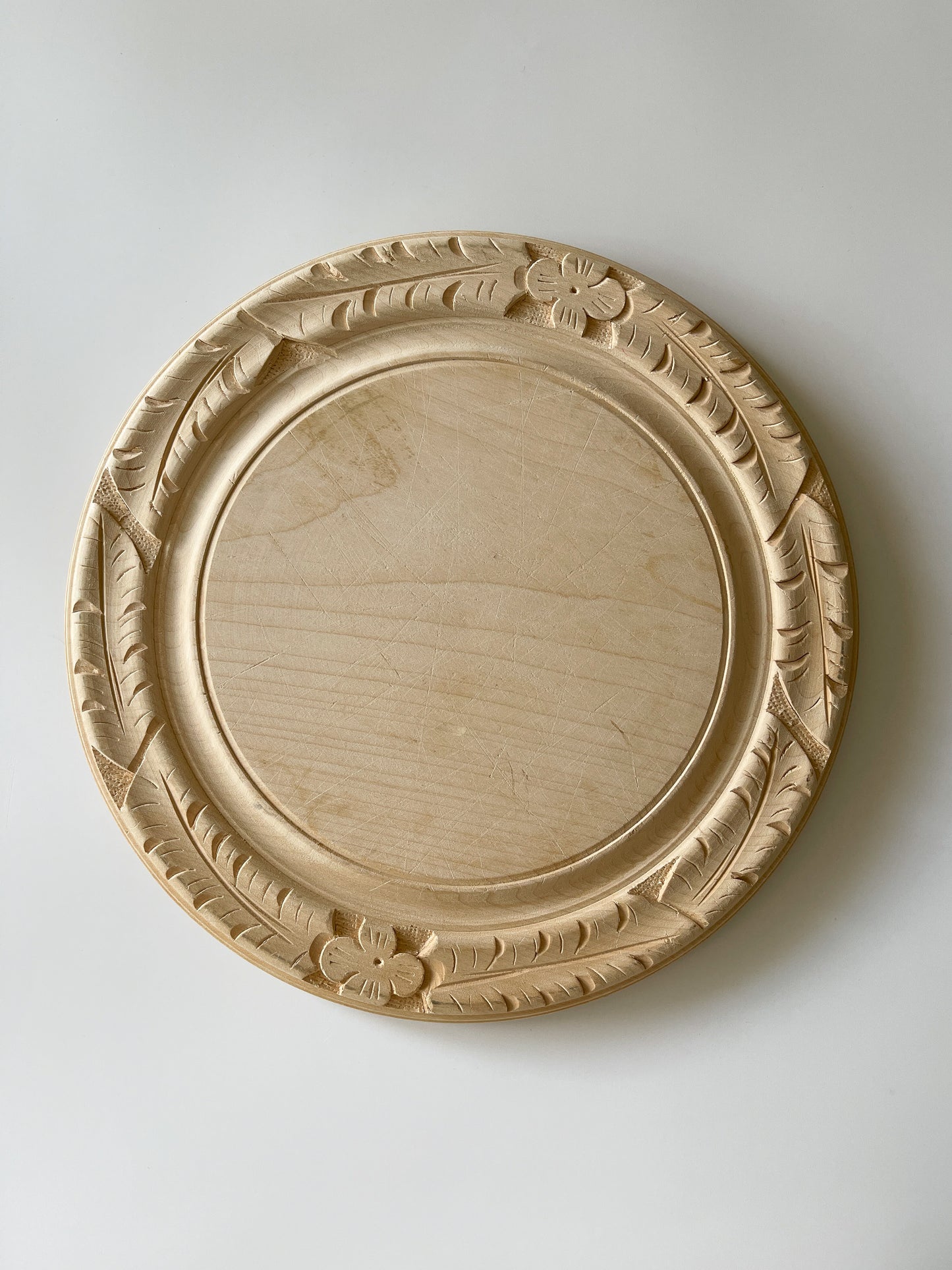 Vintage English Hand Carved Round Wood Bread Board