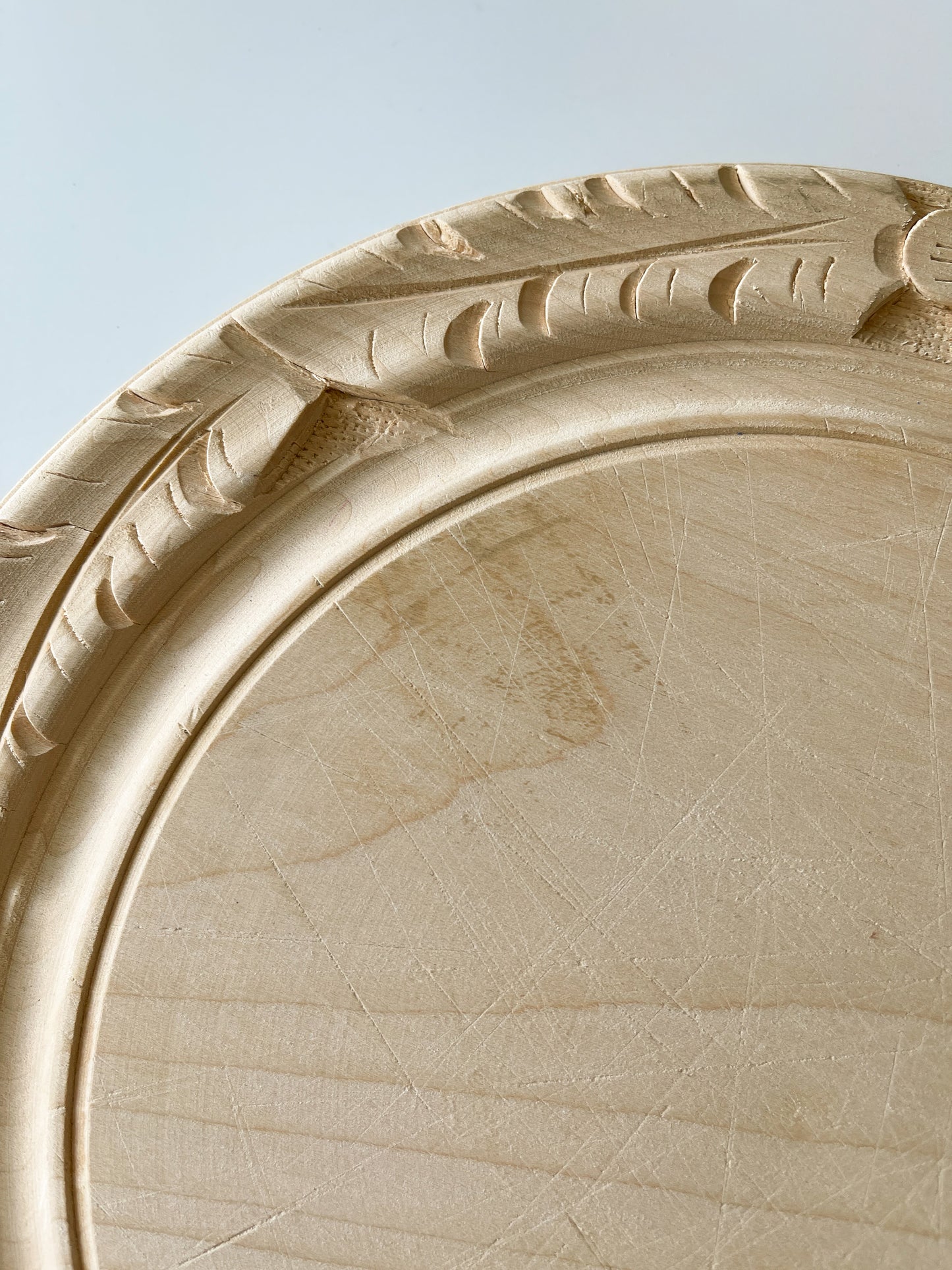 Vintage English Hand Carved Round Wood Bread Board