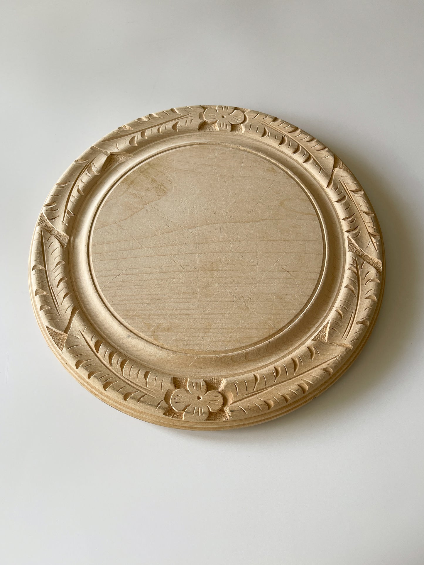 Vintage English Hand Carved Round Wood Bread Board