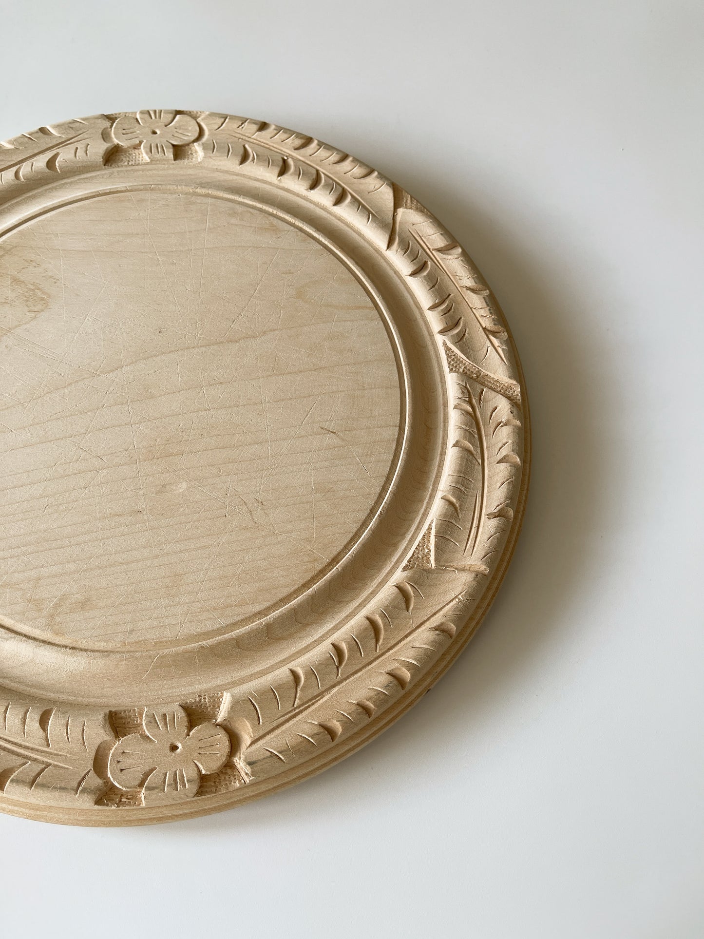 Vintage English Hand Carved Round Wood Bread Board