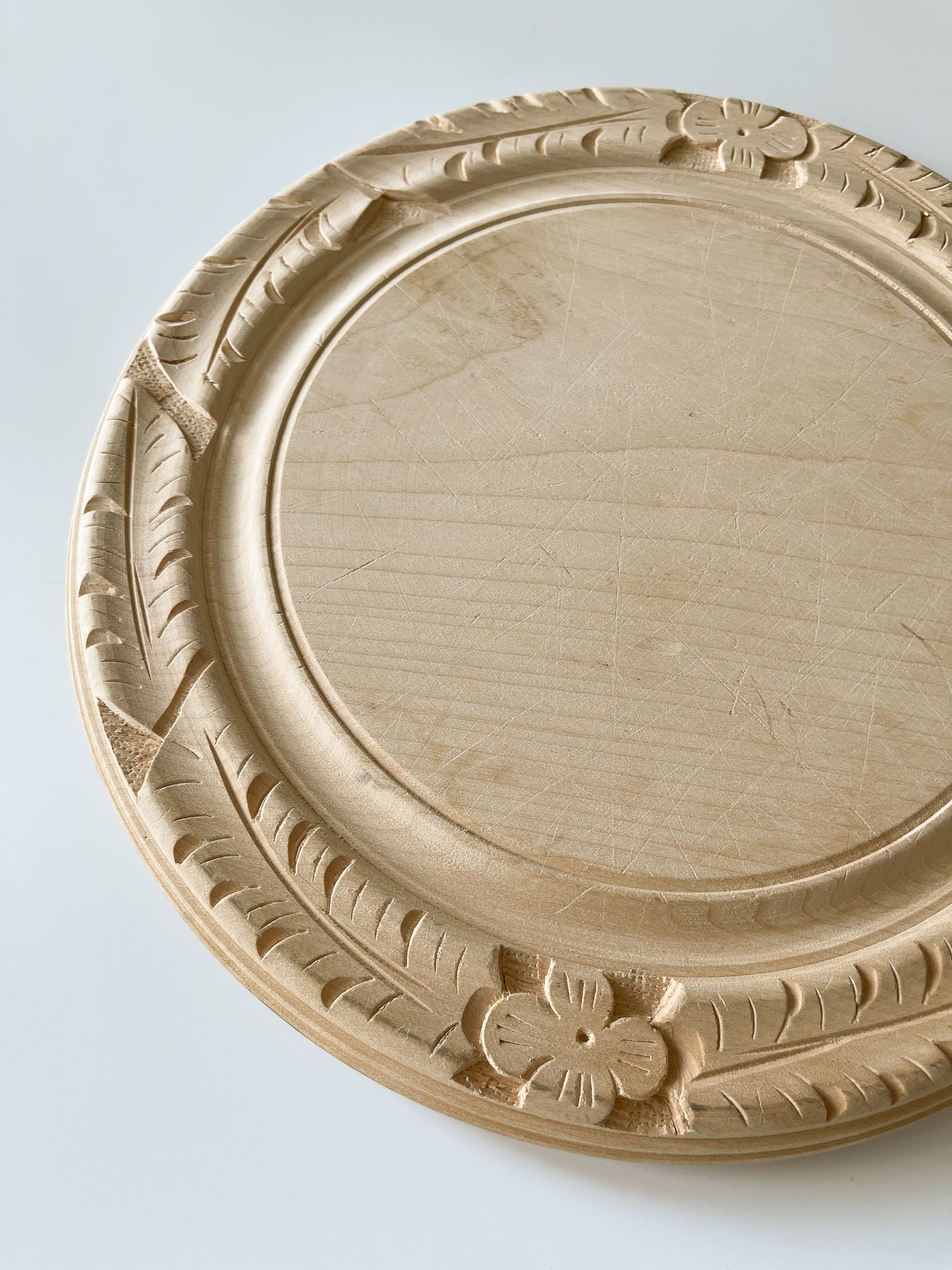 Vintage English Hand Carved Round Wood Bread Board