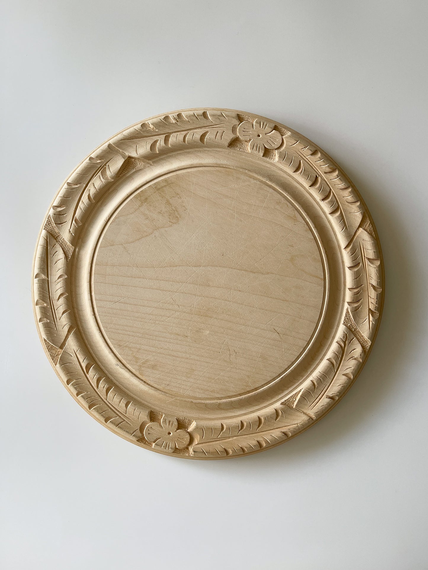 Vintage English Hand Carved Round Wood Bread Board