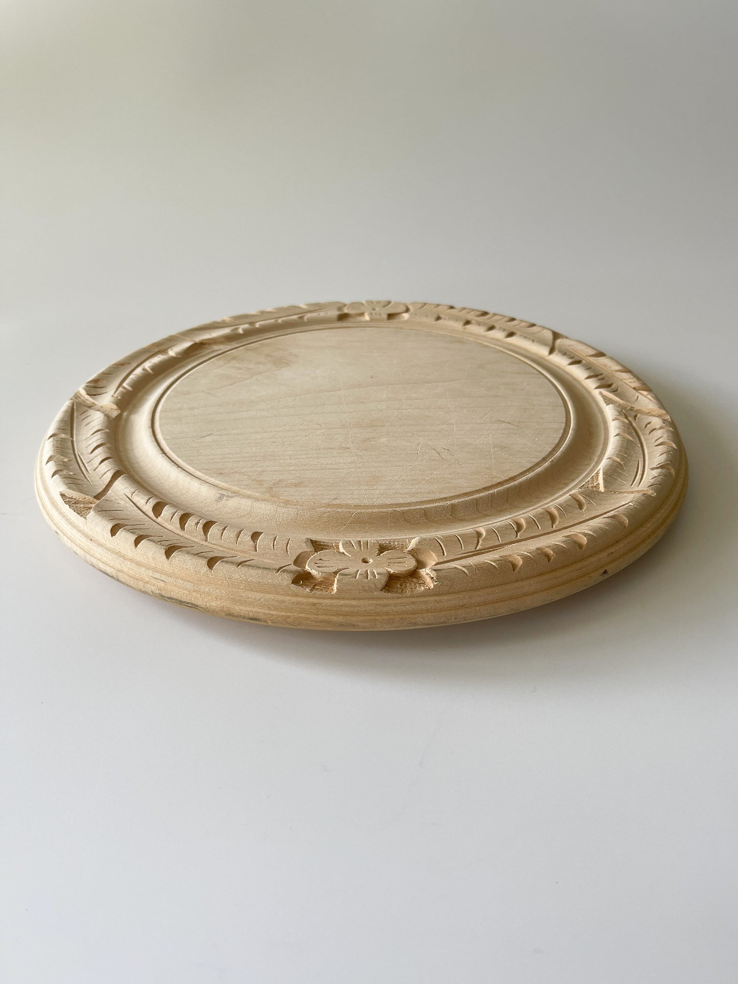 Vintage English Hand Carved Round Wood Bread Board
