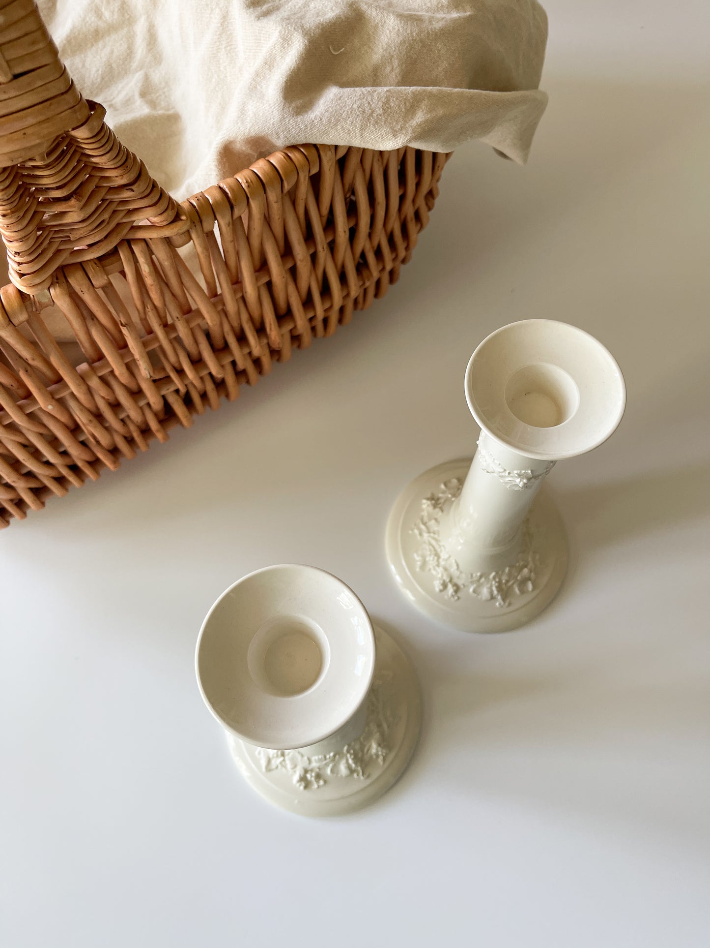 Wedgwood Embossed Queensware Cream Candlesticks