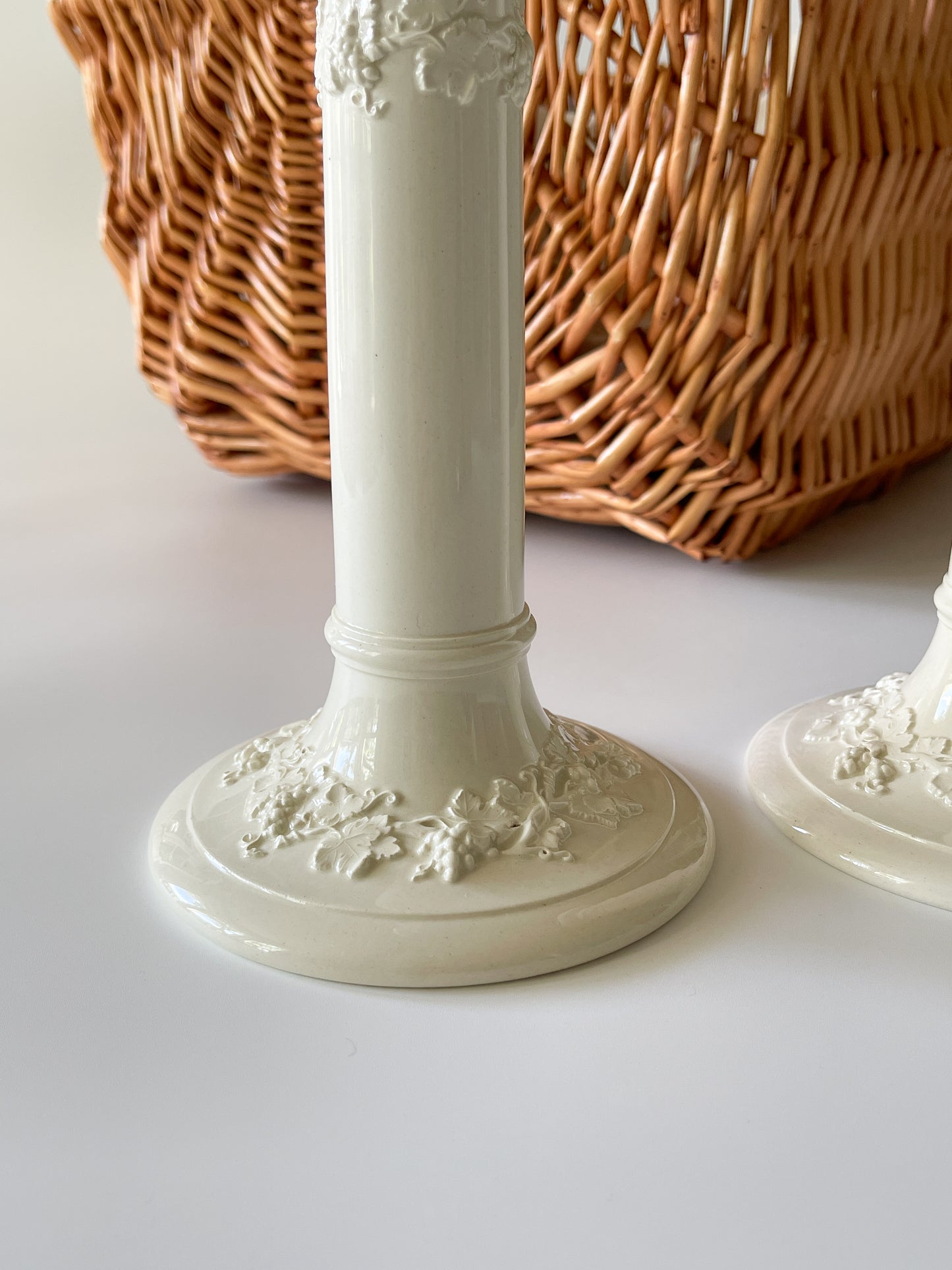 Wedgwood Embossed Queensware Cream Candlesticks
