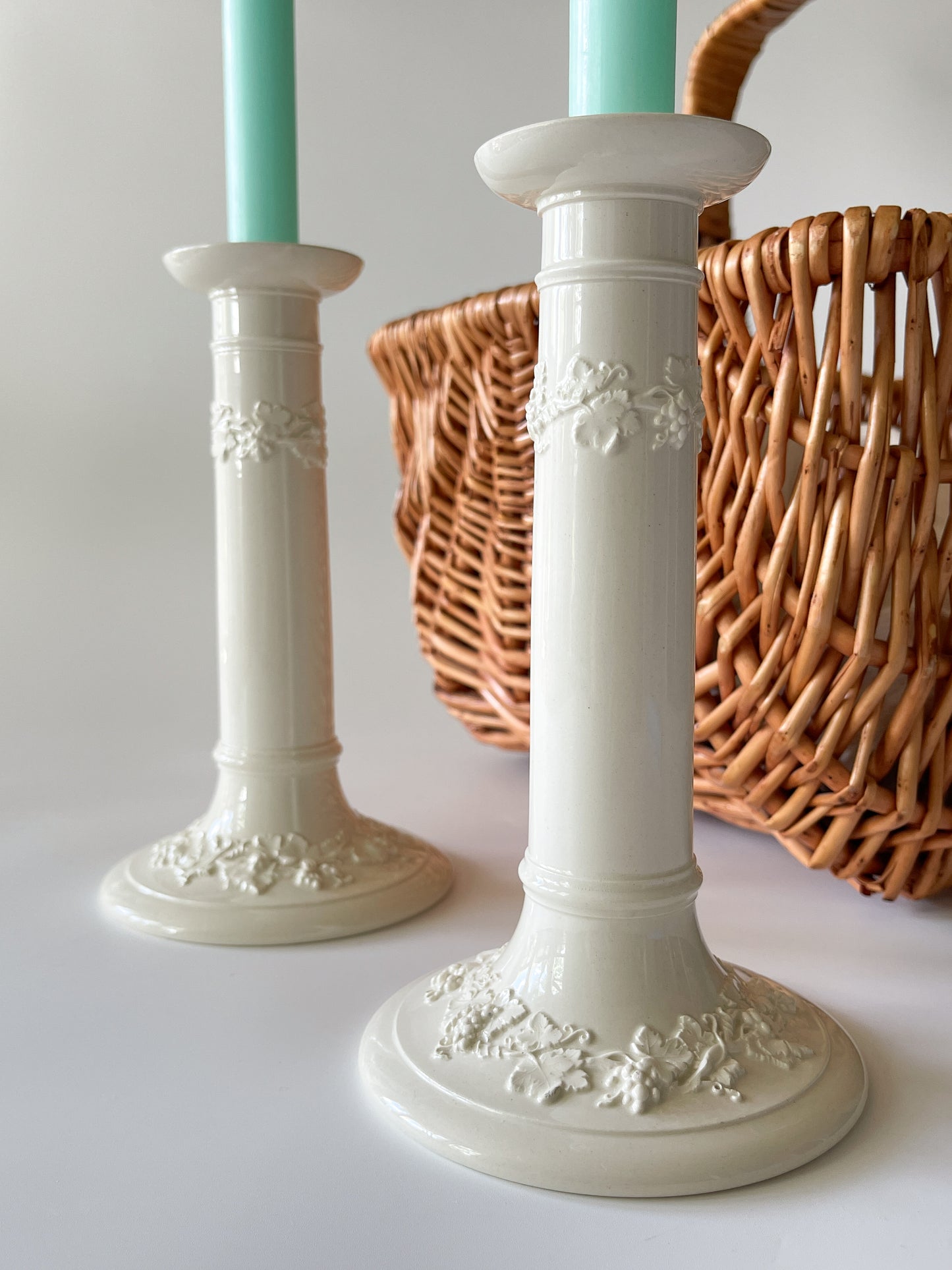 Wedgwood Embossed Queensware Cream Candlesticks