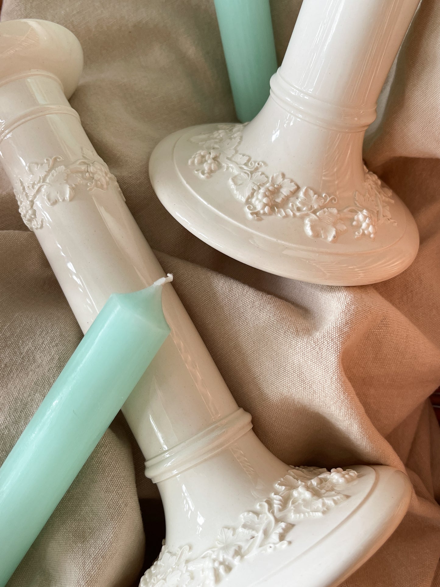 Wedgwood Embossed Queensware Cream Candlesticks