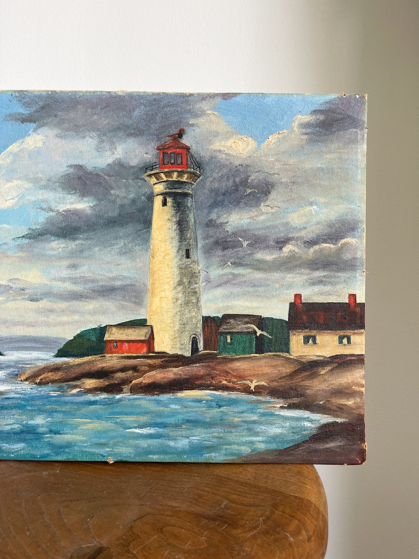 Vintage Coastal Lighthouse Oil Painting Signed Edith Lesee