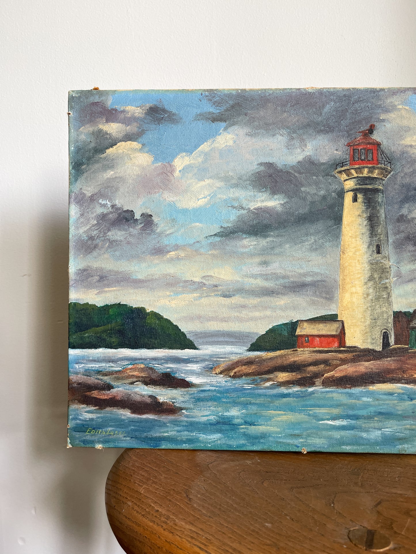 Vintage Coastal Lighthouse Oil Painting Signed Edith Lesee