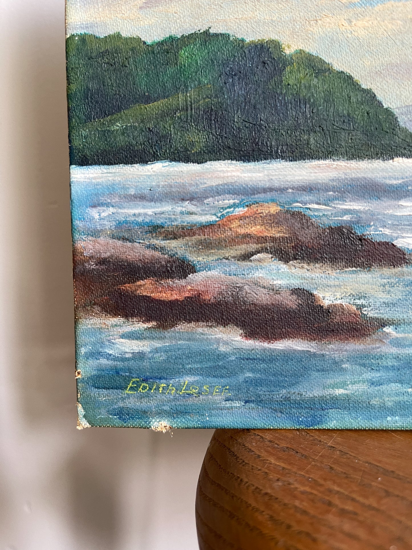 Vintage Coastal Lighthouse Oil Painting Signed Edith Lesee