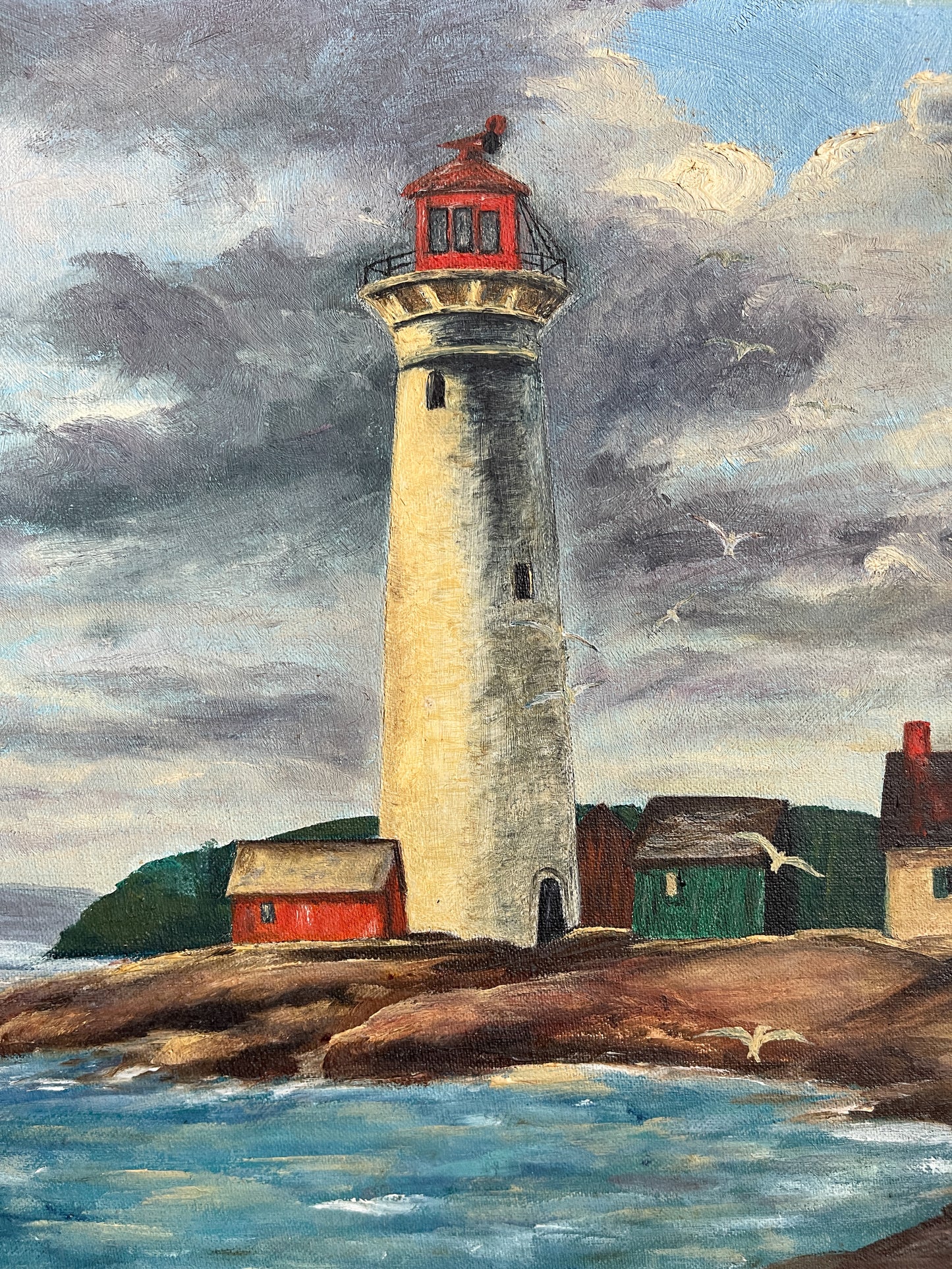 Vintage Coastal Lighthouse Oil Painting Signed Edith Lesee