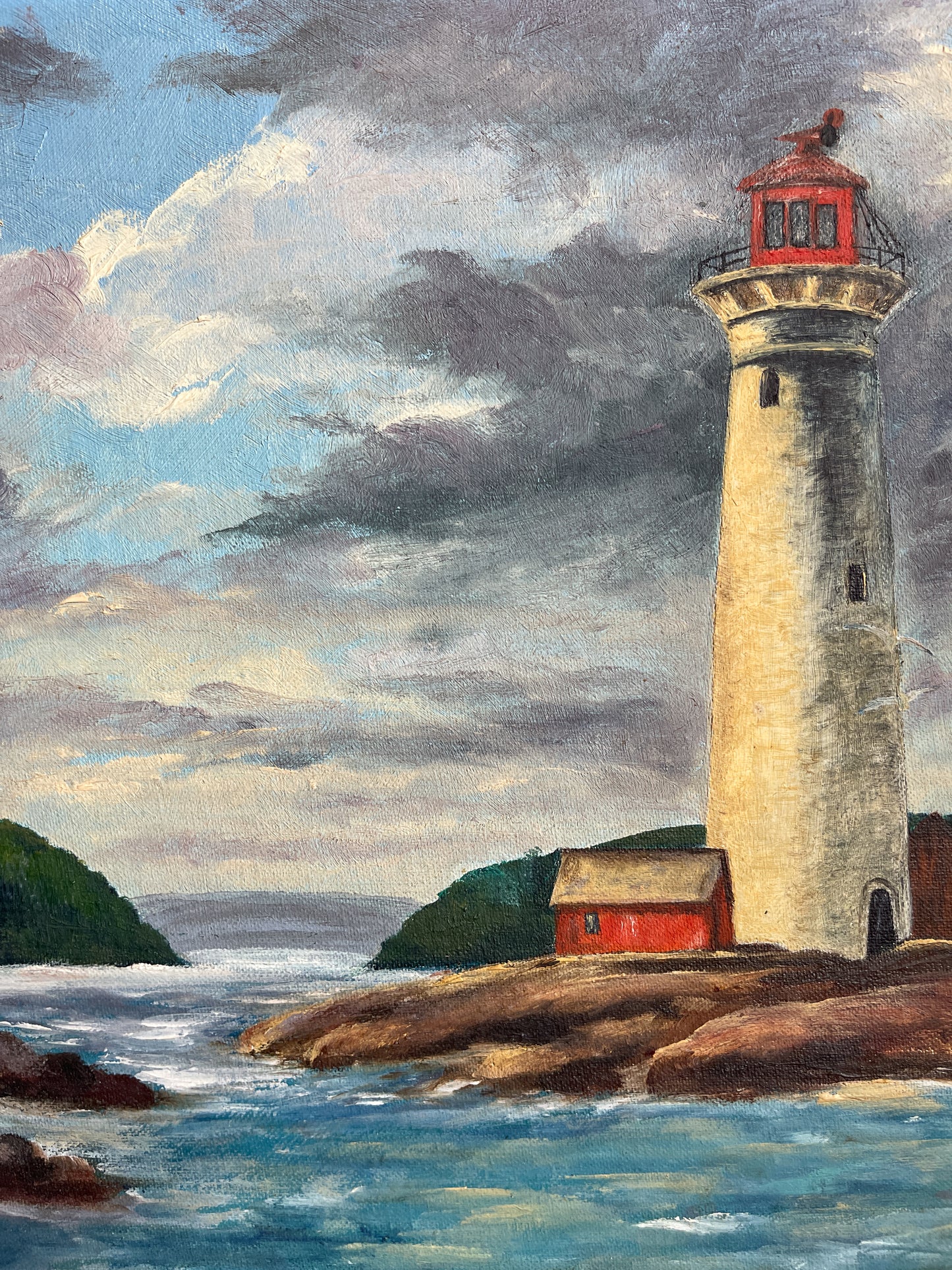Vintage Coastal Lighthouse Oil Painting Signed Edith Lesee