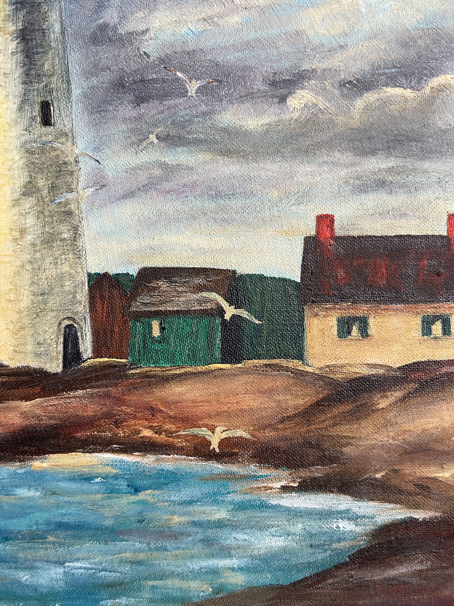 Vintage Coastal Lighthouse Oil Painting Signed Edith Lesee