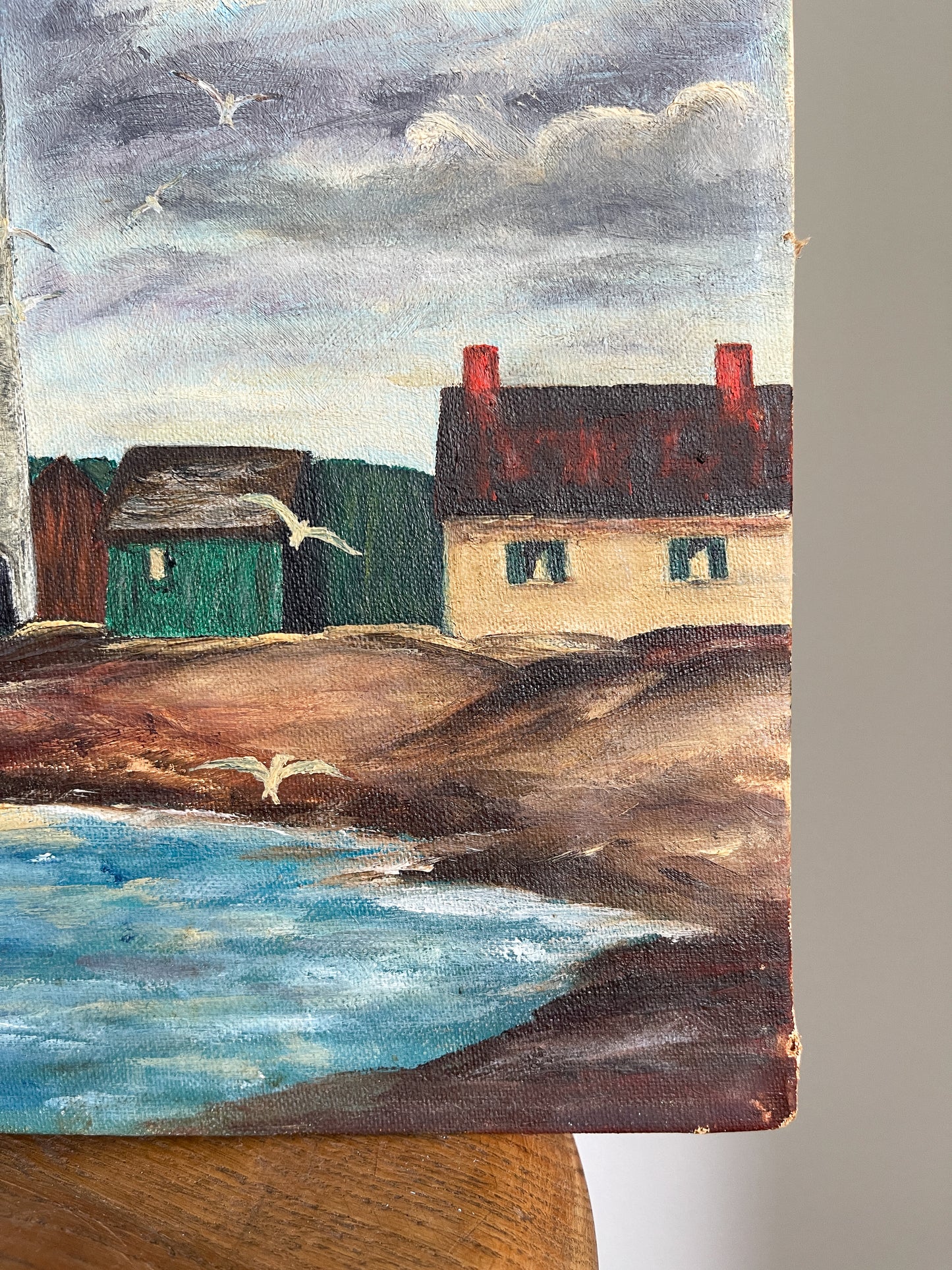Vintage Coastal Lighthouse Oil Painting Signed Edith Lesee