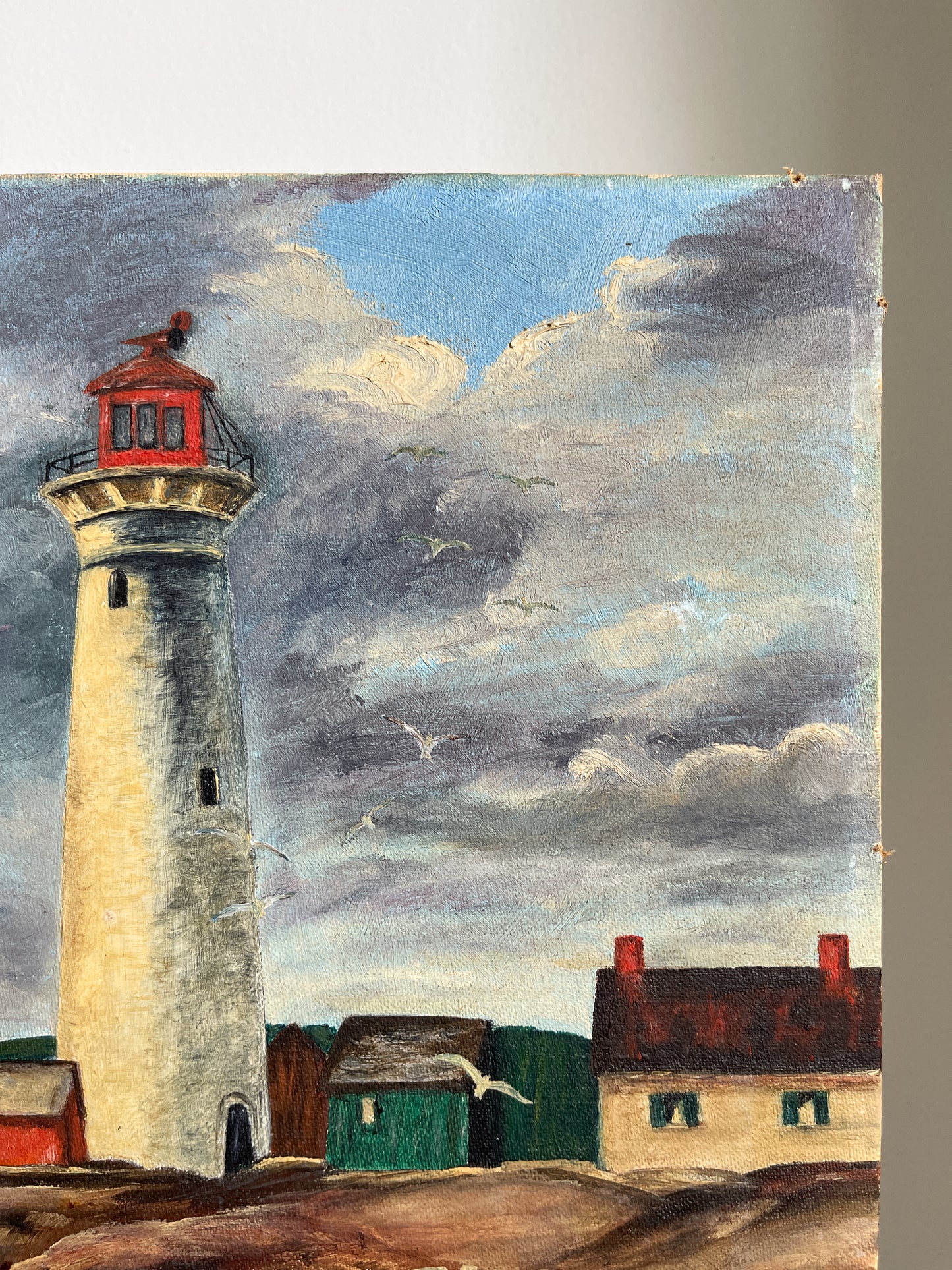Vintage Coastal Lighthouse Oil Painting Signed Edith Lesee