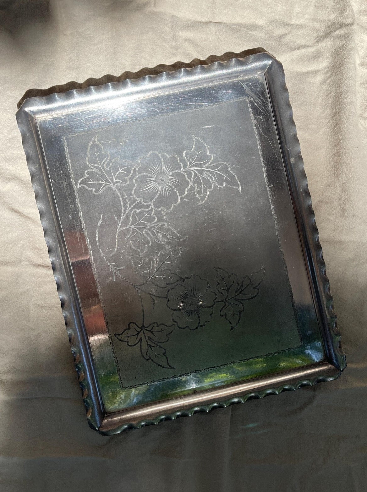 Antique American Victorian Etched Metal Tray