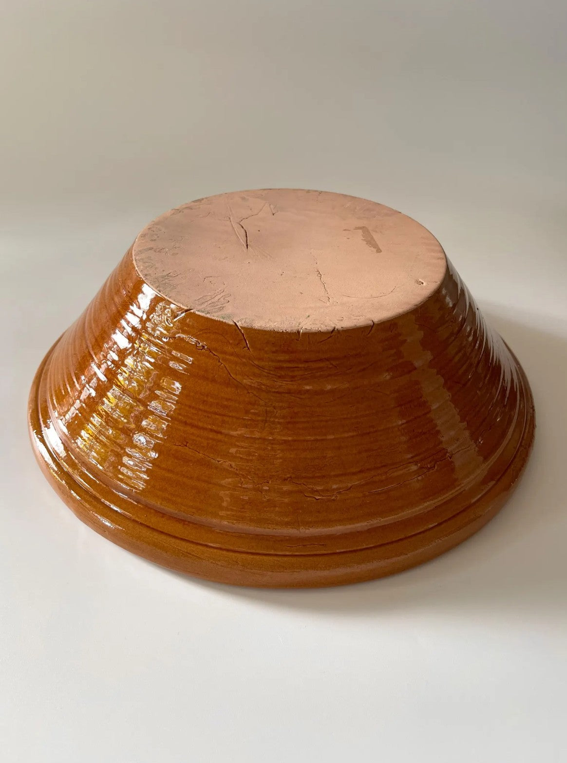 Vintage Ribbed Ochre Pottery Serving Bowl