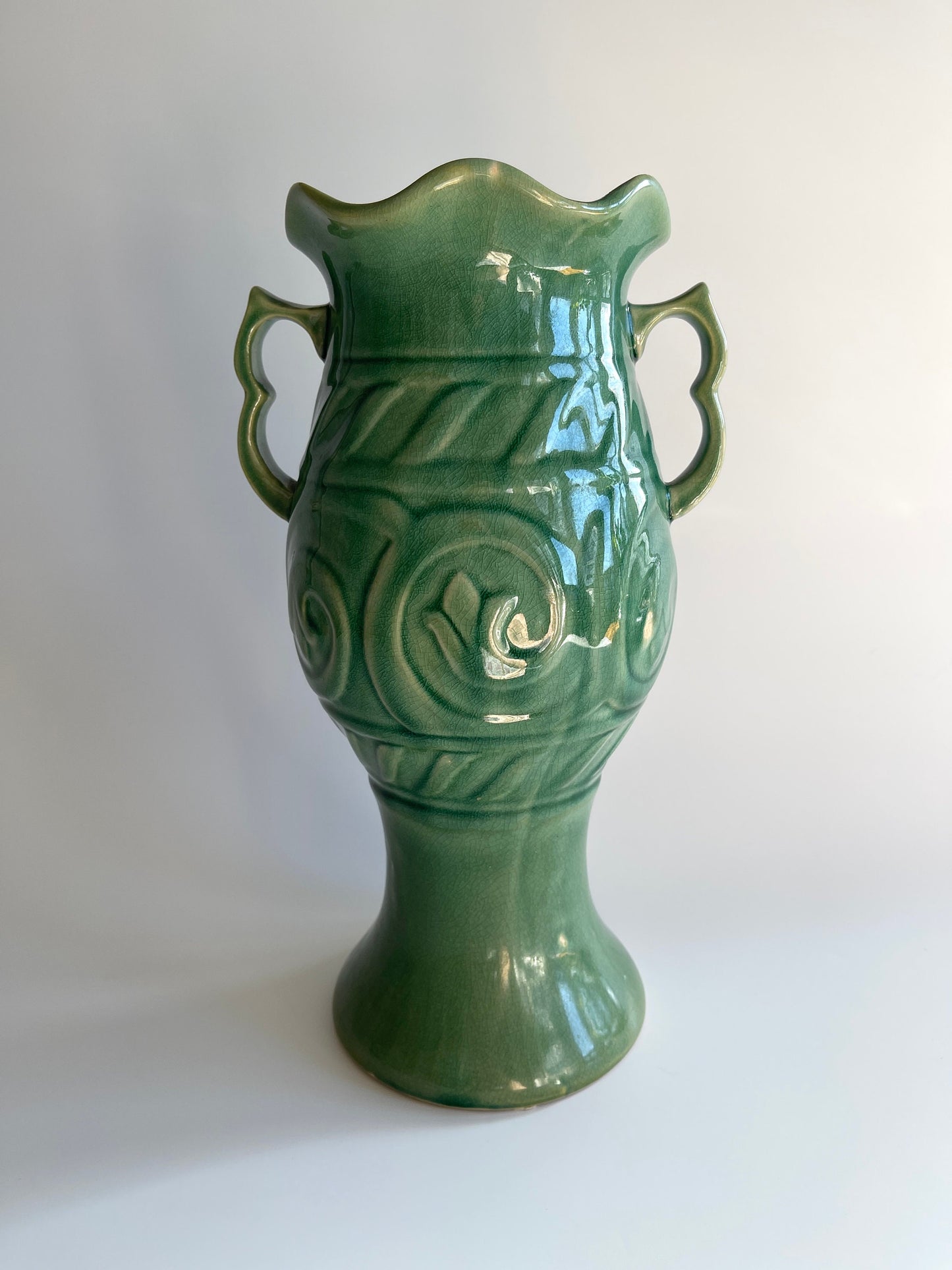 Vintage Large Jade Celadon Pottery Vase