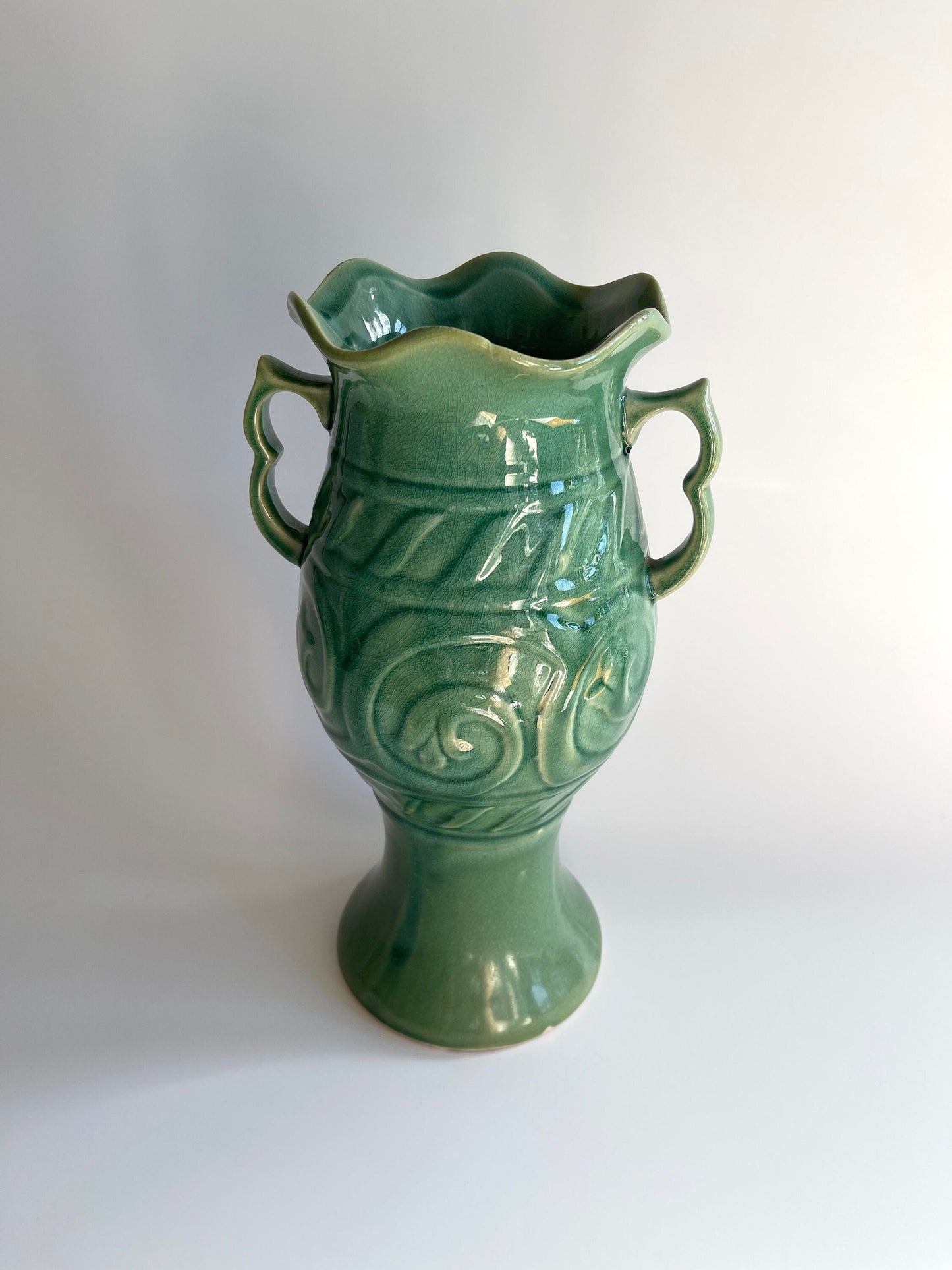 Vintage Large Jade Celadon Pottery Vase