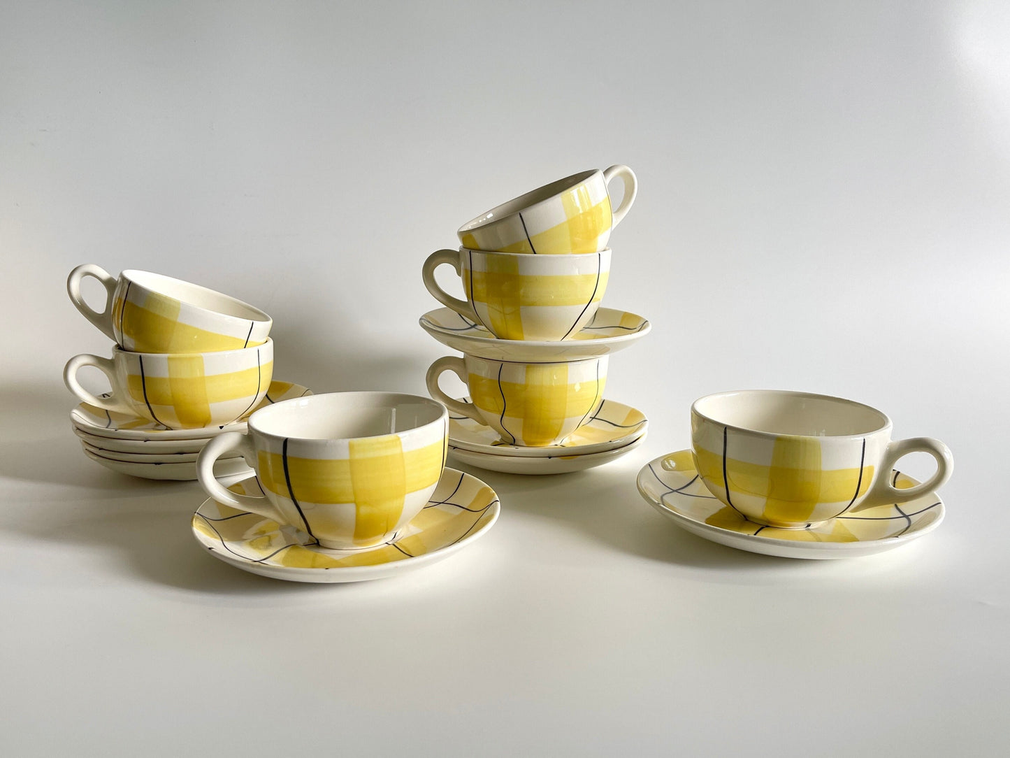 1950s Hycroft Calico Yellow Plaid Cups & Saucers