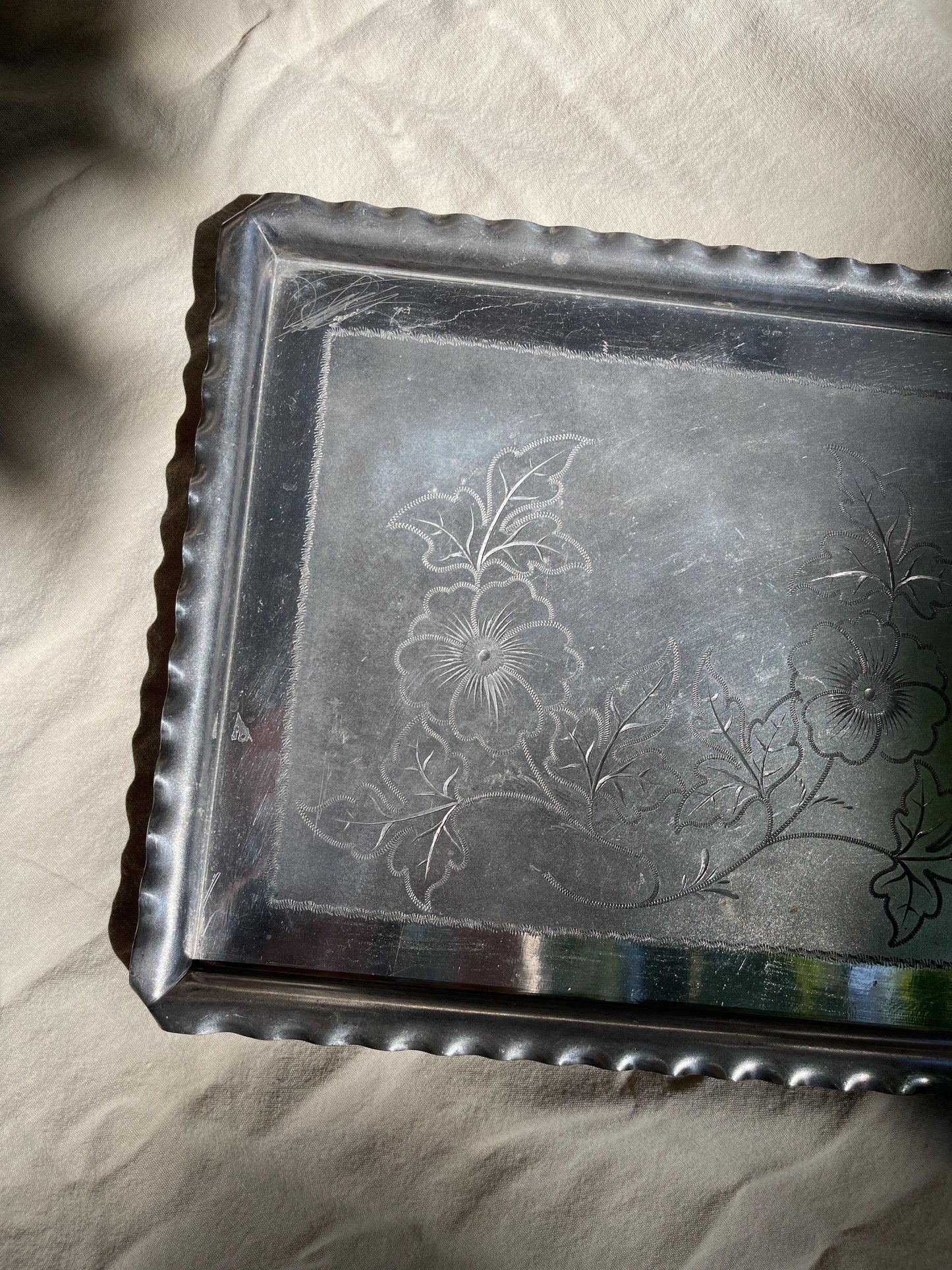 Antique American Victorian Etched Metal Tray