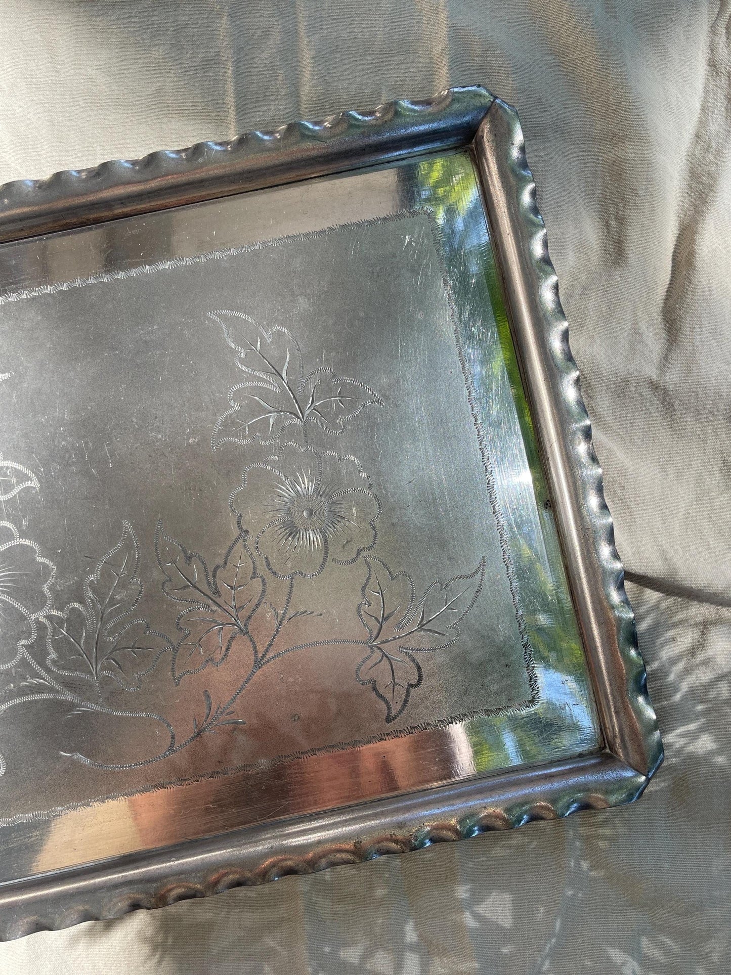 Antique American Victorian Etched Metal Tray