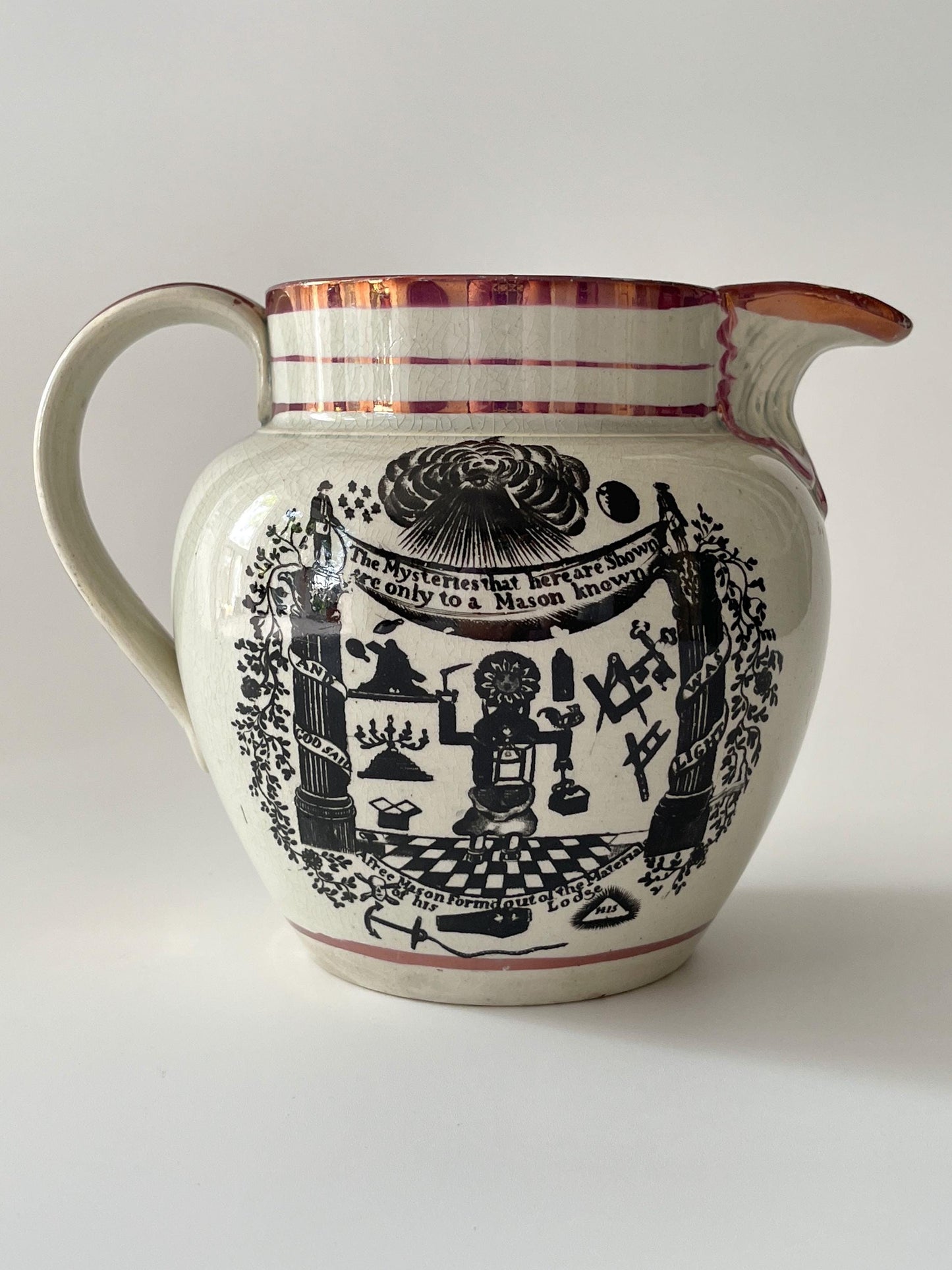 Antique Pink Lustre Masonic Jug