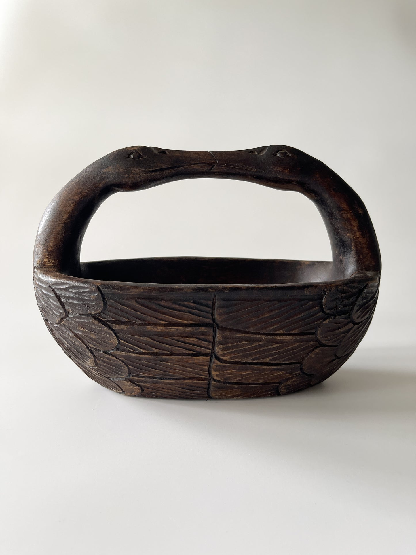 Vintage Folk Art Carved Wood Swan Basket