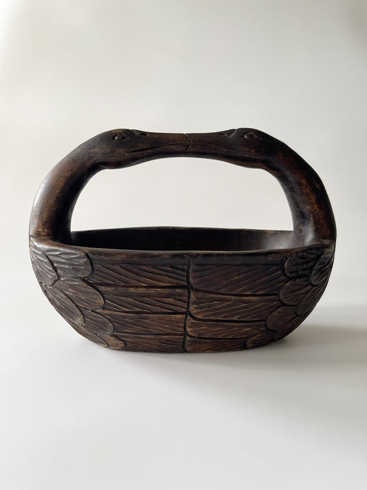 Vintage Folk Art Carved Wood Swan Basket