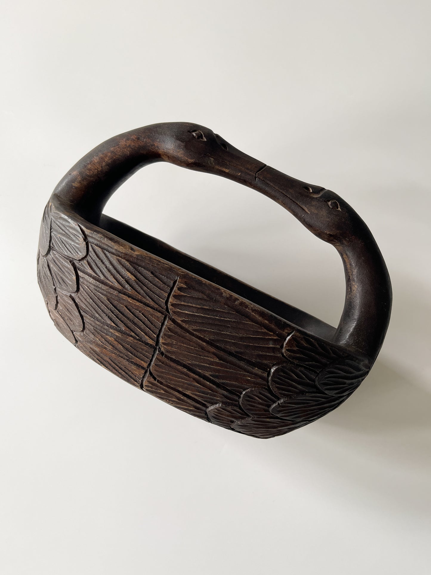 Vintage Folk Art Carved Wood Swan Basket