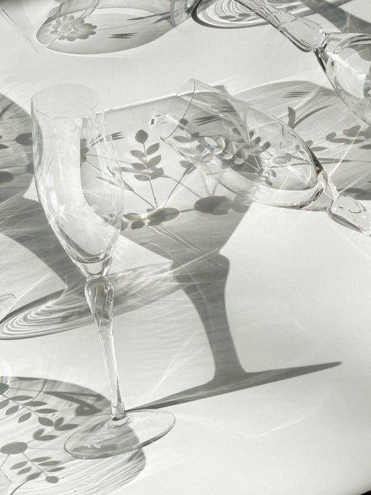 Vintage Hand Blown Etched Floral Champagne Flutes