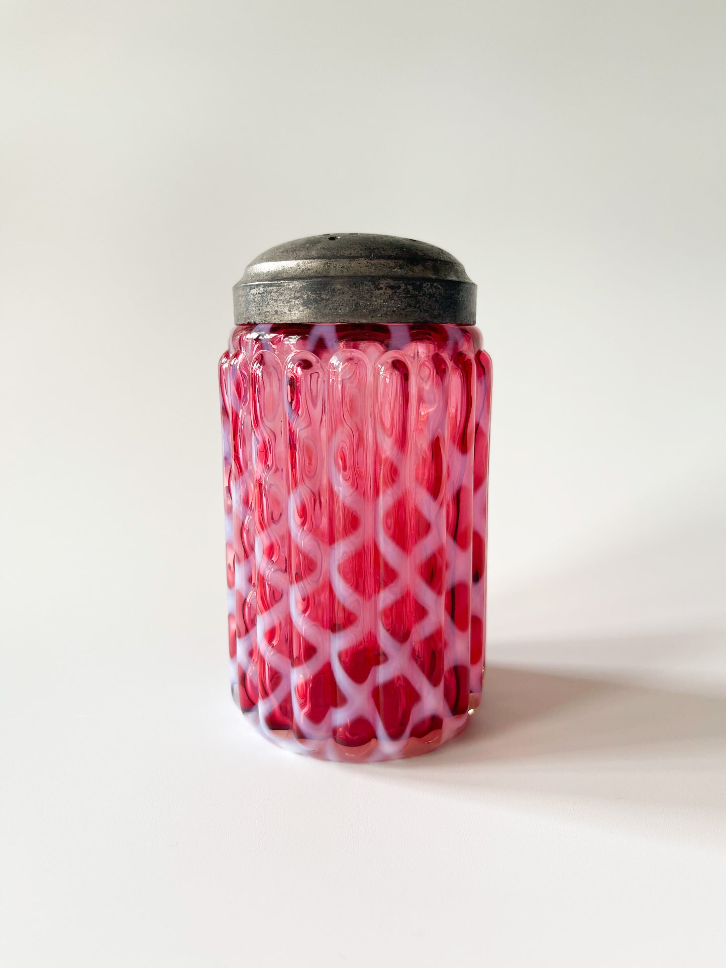 Antique Opal Lattice Cranberry Glass Sugar Shaker